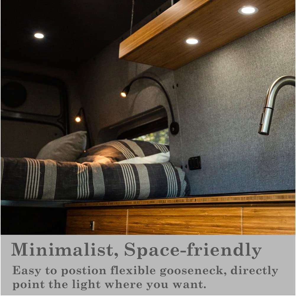 RV 12V Reading Light, Dimmable Boat Bedside Reading Lamp, Gooseneck LED Spot for Motorhome Camper Van Truck Cararvan, Integrated USB Charger&Press Dimmer, Black