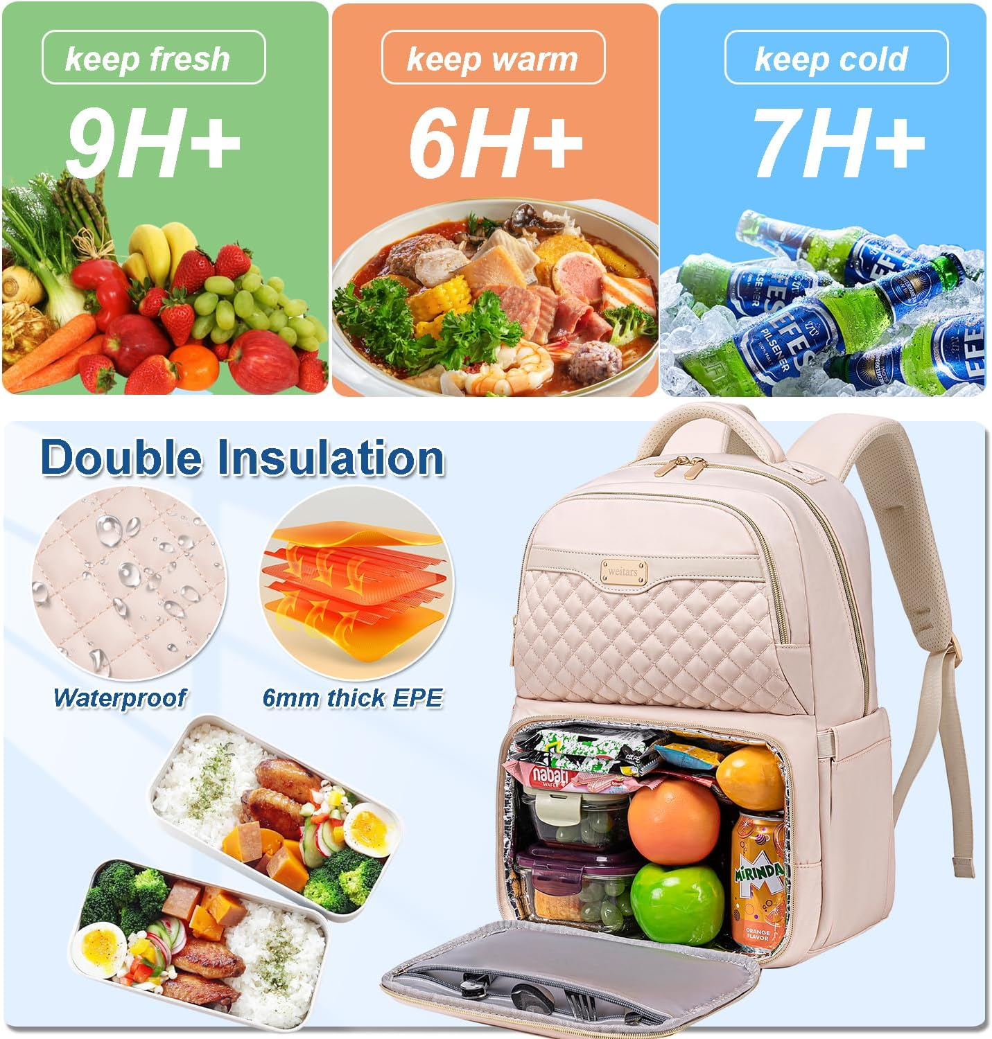 Weitars Lunch Backpack, Insulated Cooler Backpack 15.6 Inch Laptop Backpack for Women Men,Travel Backpack,Work Backpack - Gray image number 7