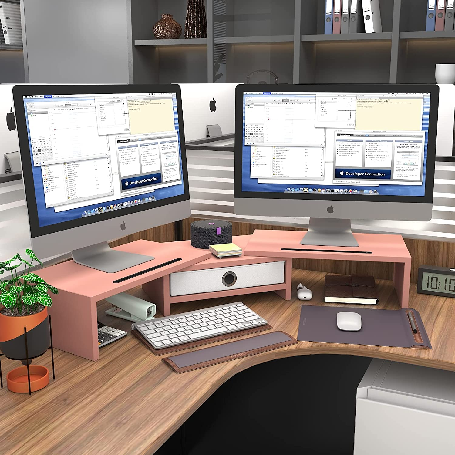 WESTREE Dual Monitor Stand with Drawer 3 Shelf Computer Monitor Riser, Desktop Stand Adjustable Length and Angle, Home Office Desk Accessories Supplies, White image number 6