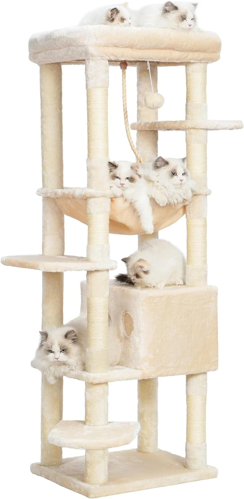 Heybly Cat Tree for Large Cats 20 Lbs Heavy Duty,60 Inches XXL Cat Tower for Indoor Cats,Multi-Level Cat Furniture Condo for Cats with Big Padded Plush Perch,Cozy Basket HCT050G