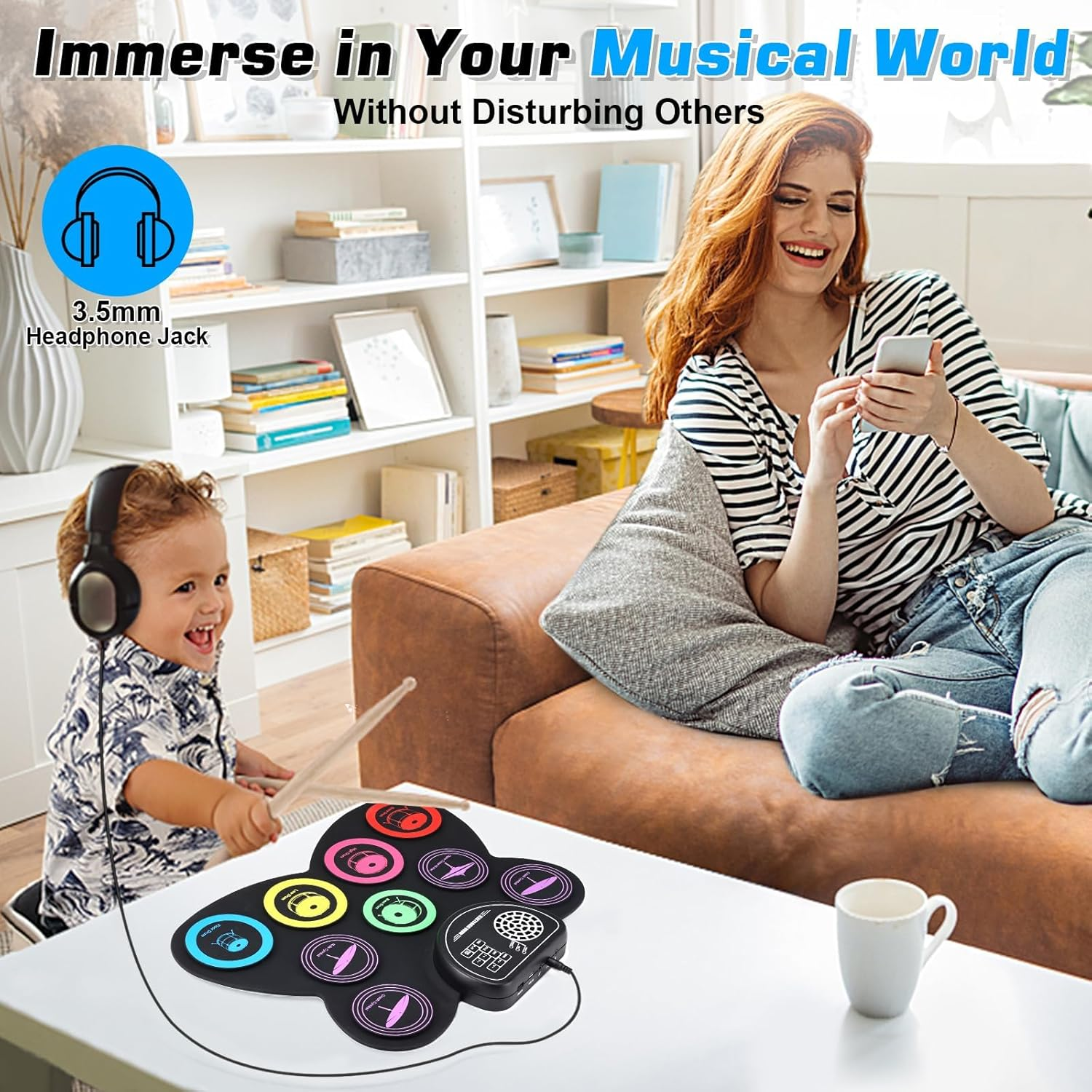 9 Pads Roll up Electronic Drum Kit, Kids Drum Set with Built-In Speakers,Sticks, Pedals, Bluetooth MIDI, Great Christmas & Birthday Gift for Beginners, 10 Hours Playtime image number 5