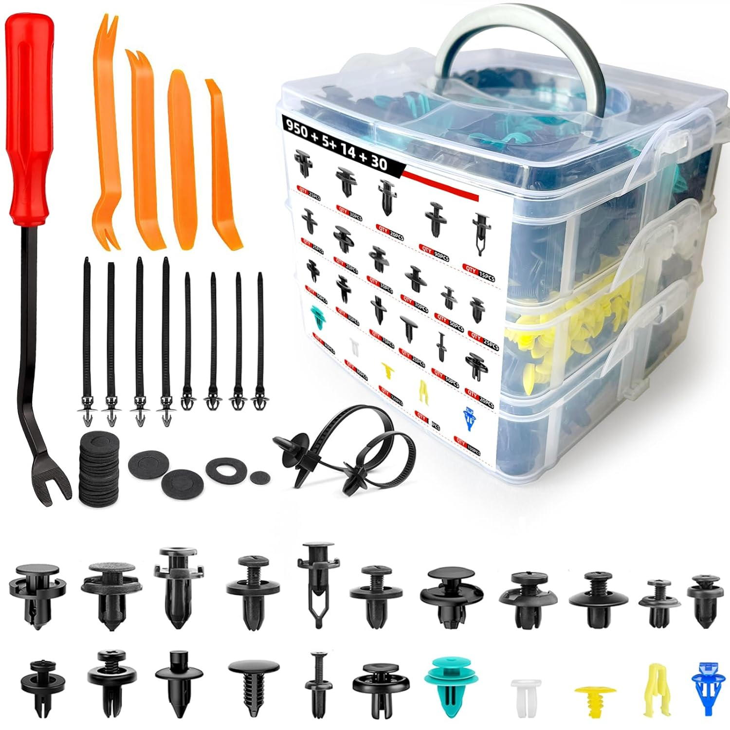 999-Piece Car Push Retainer Clips Body Clips Plastic Fasteners Kit 22 Most Popular Sizes Nylon Auto Push Pin Rivets Set with 5 Removal Tools for Bumper, Fender, Door Trim image number 4