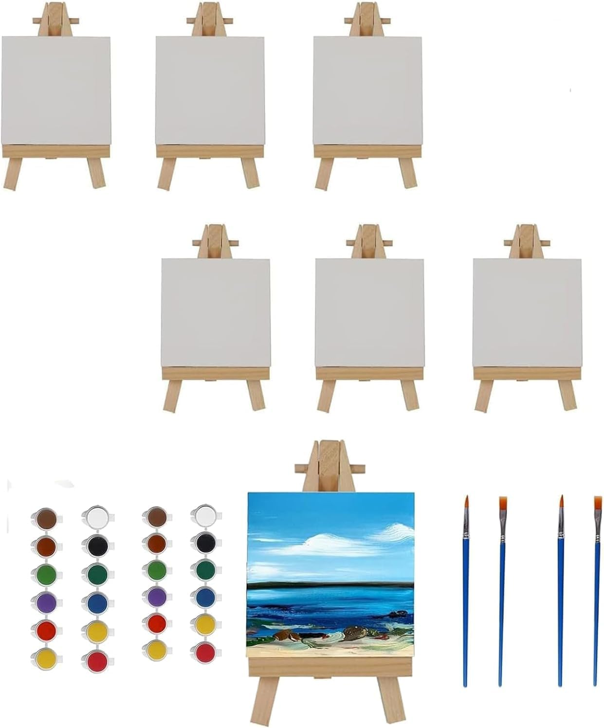 6Pcs Mini Canvas and Easel Set,4X4 Inch Mini Canvases for Painting, 6 Small Canvas with 6 Easels Art Painting Supplies for Acrylic Pouring Oil Watercolor image number 4