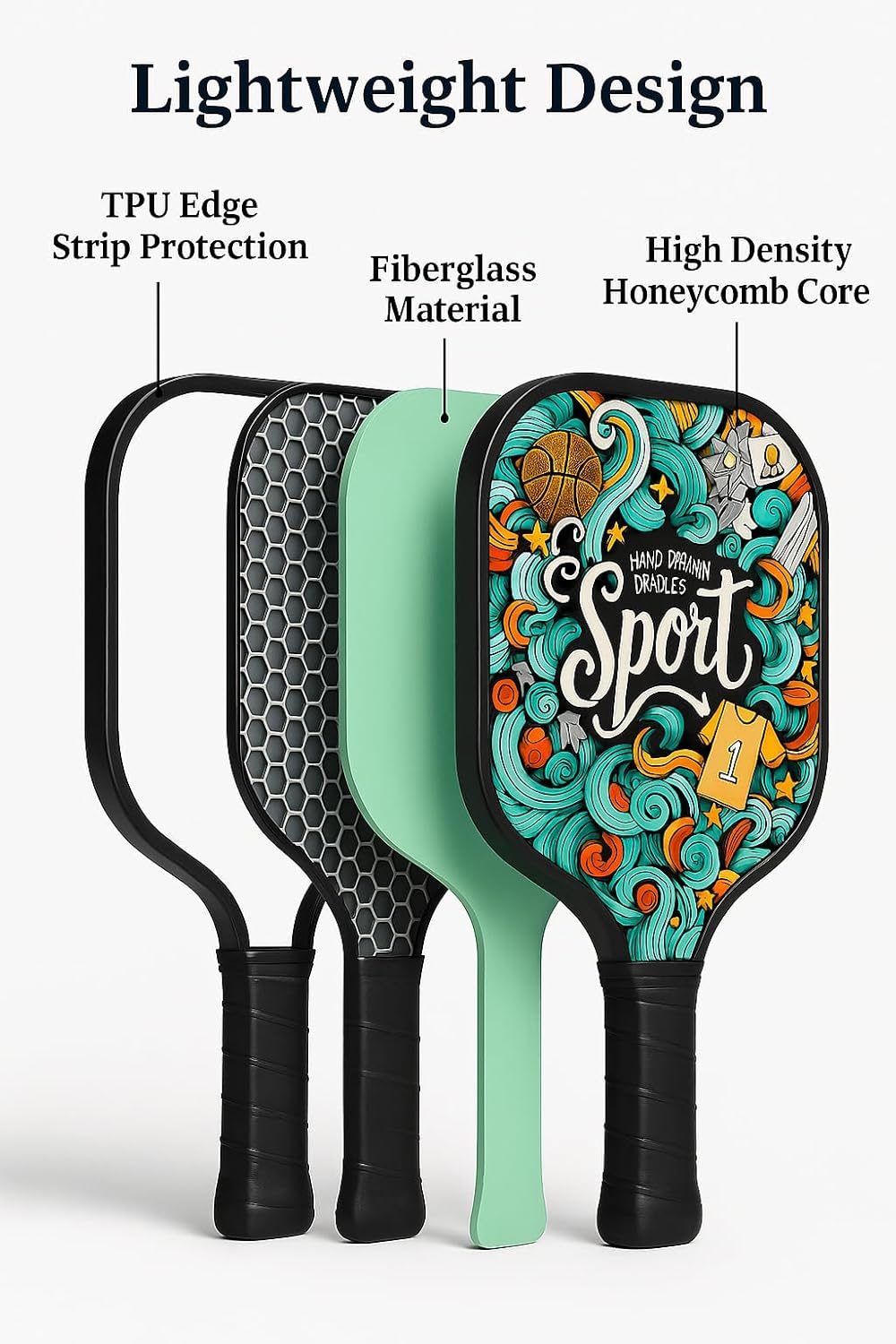 Pickleball Paddle Set of 2 &ndash; Lightweight Fiberglass Paddles with 4 Balls and Carrying Bag