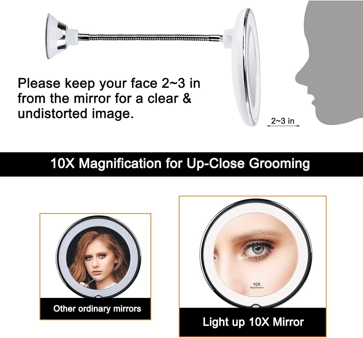 10X Magnifying LED Lighted Makeup Mirror, 7" Flexible Goose-Neck, 360&deg; Swivel Wall Mirror, Bathroom Magnification LED Daylight Vanity Mirror with Suction Cup, Cordless, Bathroom & Travel Mirror image number 3