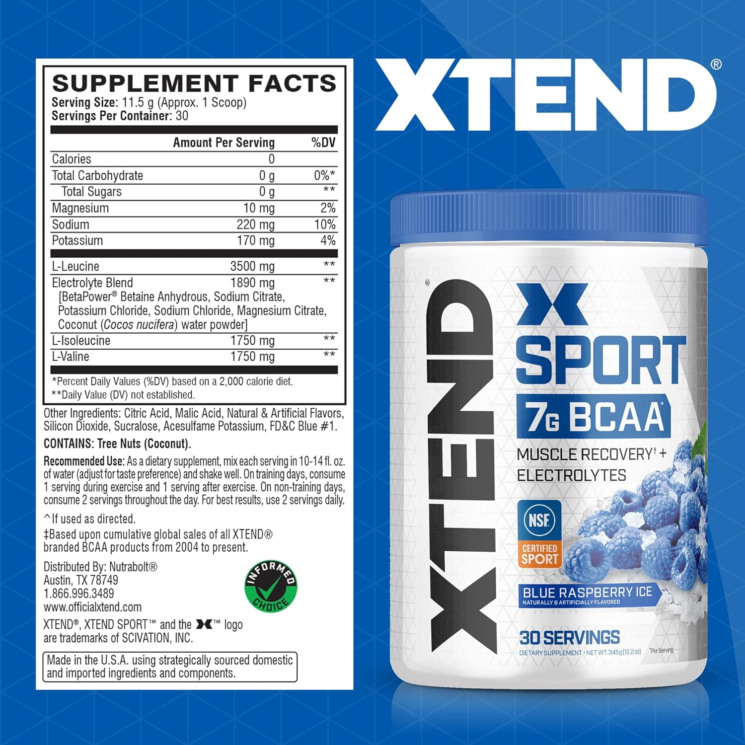 Scivation Xtend Hydrasport BCAA Powder, Branched Chain Amino Acids, Bcaas, Zero Sugar Electrolyte Drink Powder + Hydration, Blue Raspberry, 30 Servings image number 2