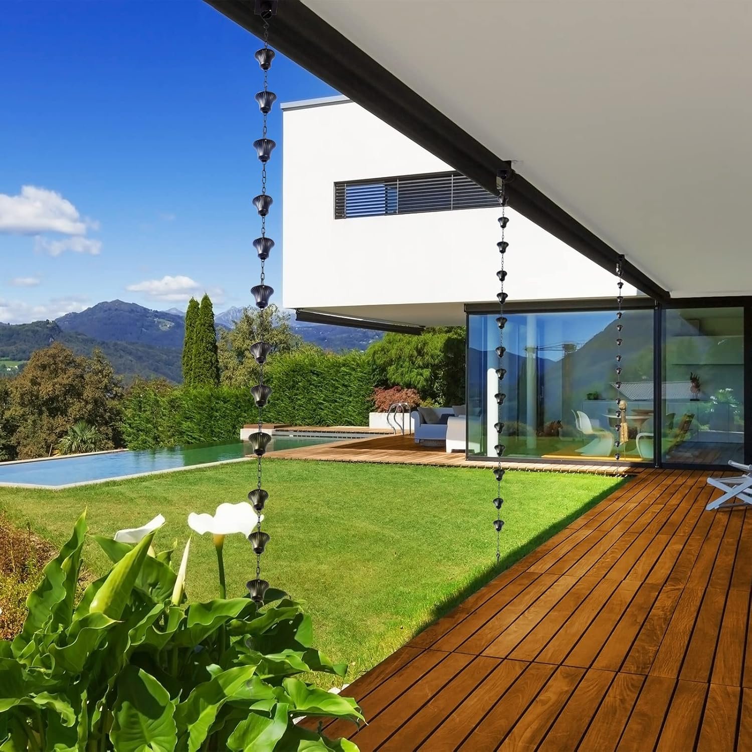 Rain Chain Set 8.5 Ft,Not Rust Wrought Iron Rain Chains for Gutters with Adapter Gotta Drain and Anchoring Stake, 14 Cups, 1 Hook, Adjustable Length for Garden Decorative (Coffee) image number 5