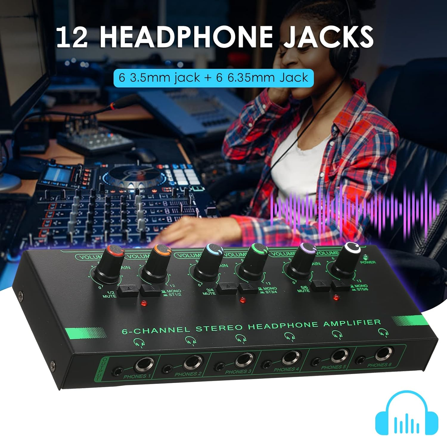 Headphone Amplifier, 6-Channel Stereo Headphone Amplifier Compact 6 Channels Mini Audio Stereo Headphone Amp with 6.35Mm/3.5Mm Input Volume Control In-Ear Monitoring System for Stage and Studios image number 3