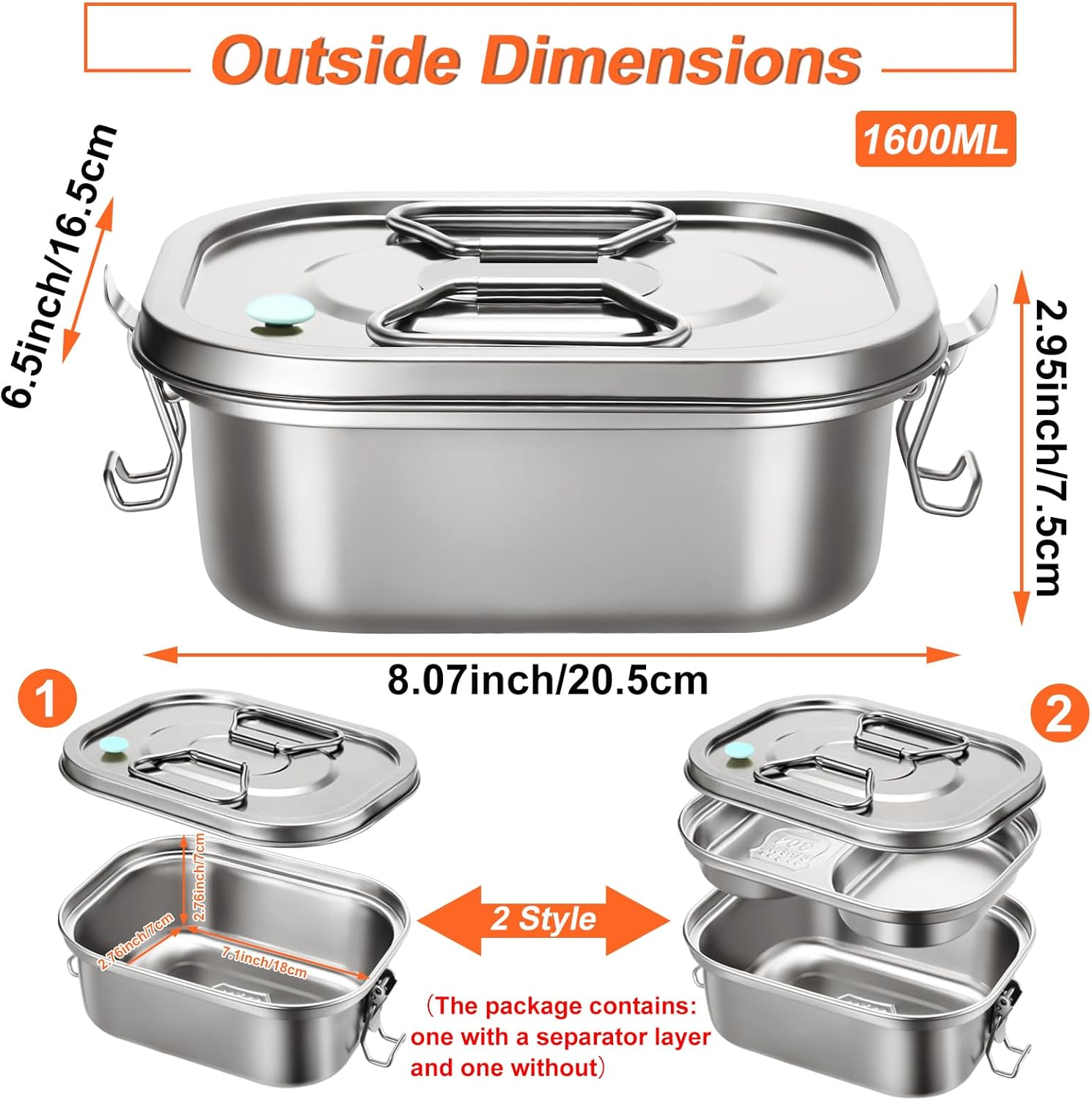 Romooa 2 Pieces Metal Bento Box for Adults Metal Lunch Box Stainless Steel Bento Containers Leakproof Dual Tiers Lunch Container with Airtight Valve Handle Dishwasher Safe(Medium)