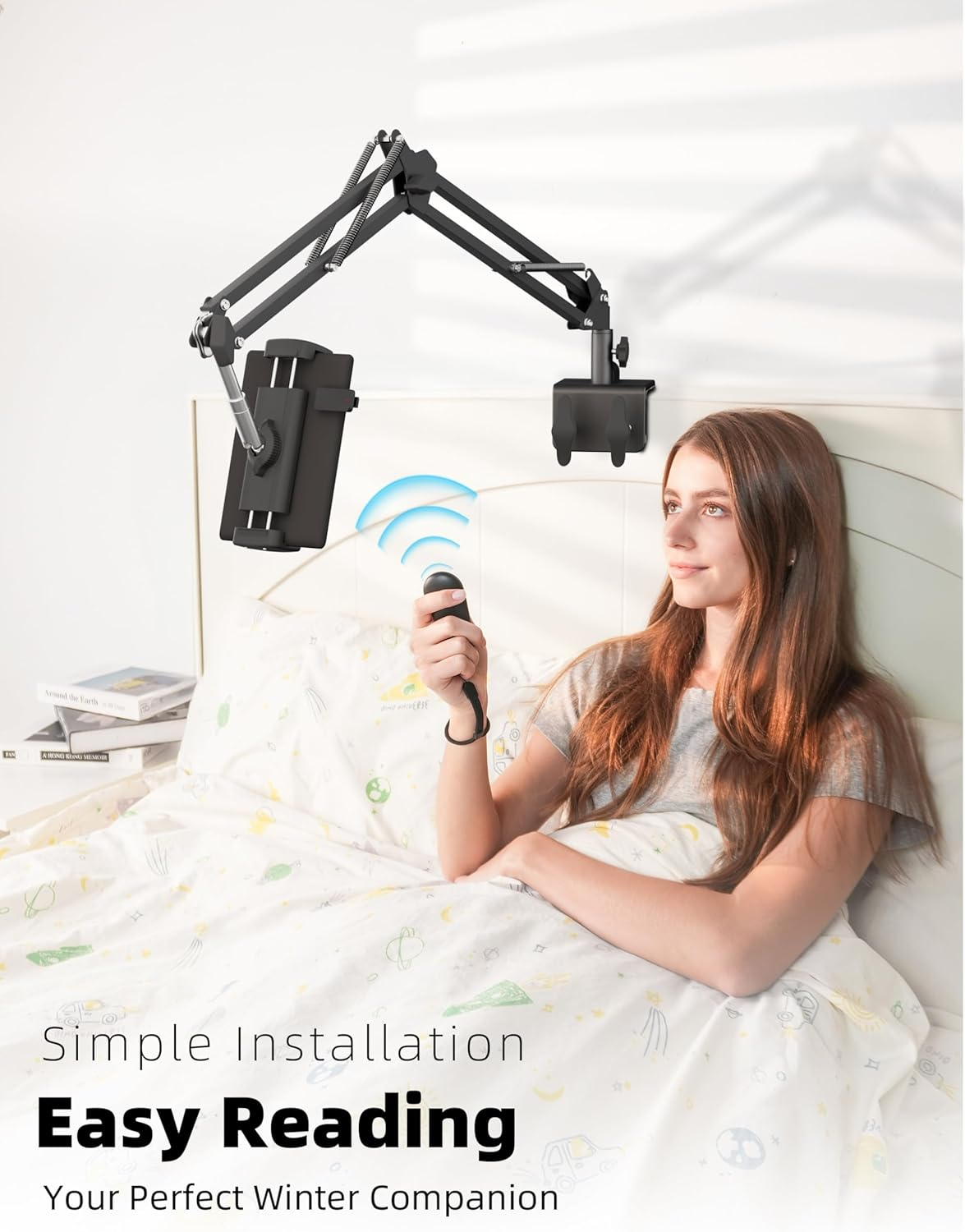 Tablet Holder for Kindle Holder Reading in Bed with Remote Page Turner, Hands-Free for Ipad Stand Arm, Compatible with Kindle Accessories, Ipad, Iphone, Ereaders Devices, Gifts for Readers image number 4