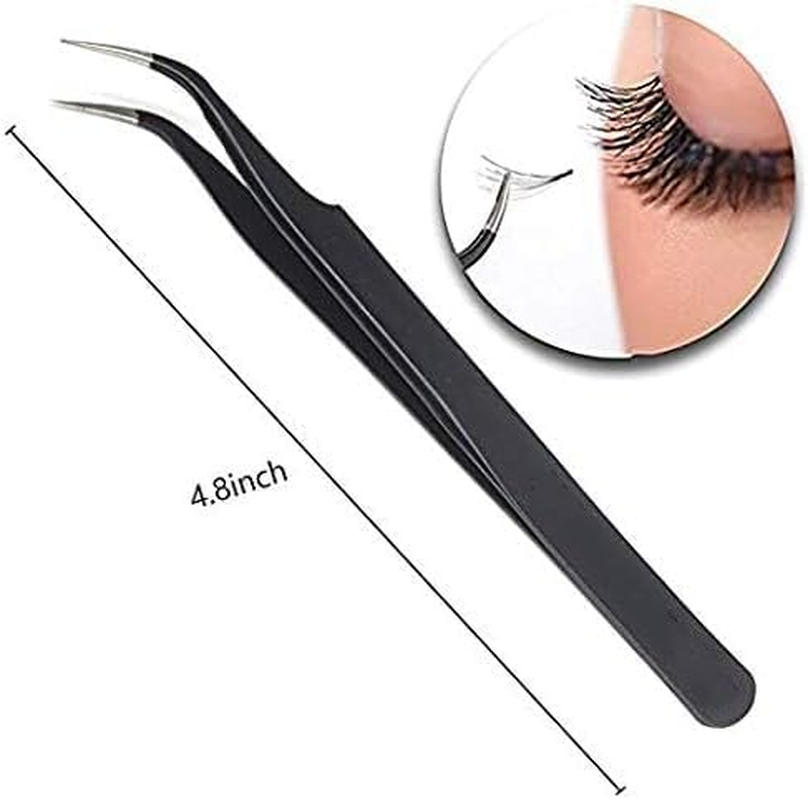 Eyelash Tweezers -Precision Eyelash Extension Tweezers Set - Professional Straight & Curved Pointed Very Fine Tip Tweezers for Lash Extensions - Black - 2Pcs (Black, Set of 2)