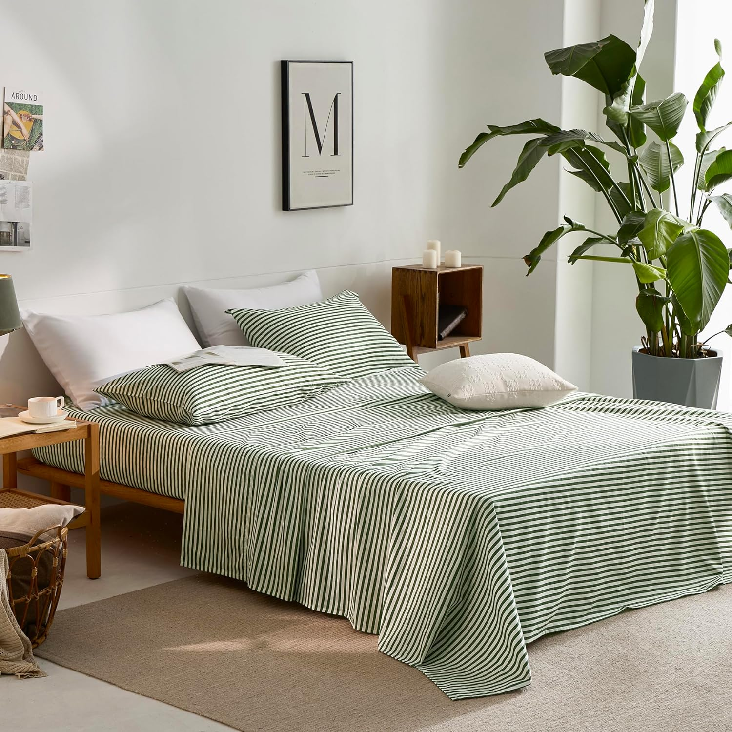 JELLYMONI Striped Sheets Set Queen Size, 4 Pieces 100% Cotton Bed Sheets - 16" Deep Pockets Fitted Flat Sheet & Pillowcase Bedding Set, Ultra-Soft, Machine Washable image number 6