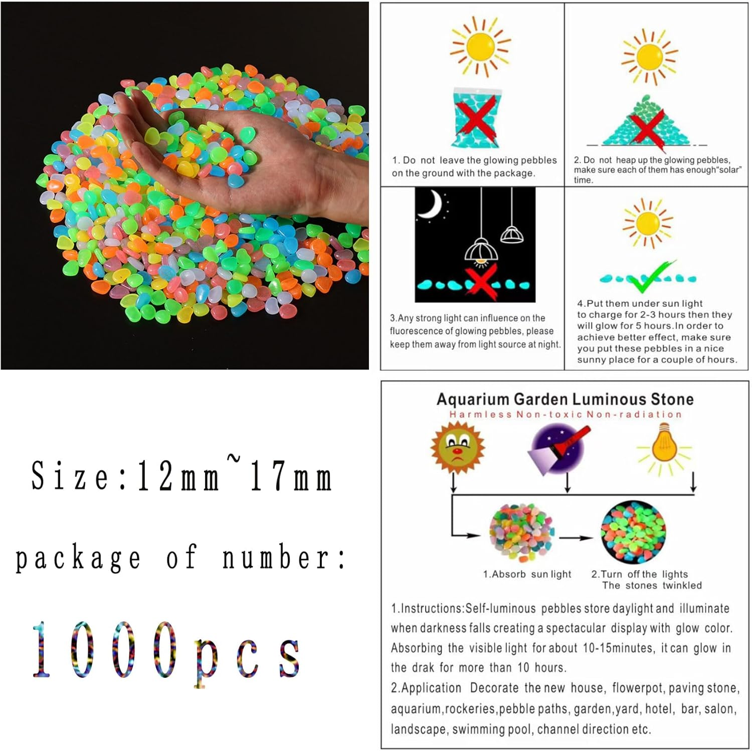 Omcleaner Rainbow Glow Pebbles 1000 Pcs Glow Stones for Fish Tank Lawn Yard Garden image number 3