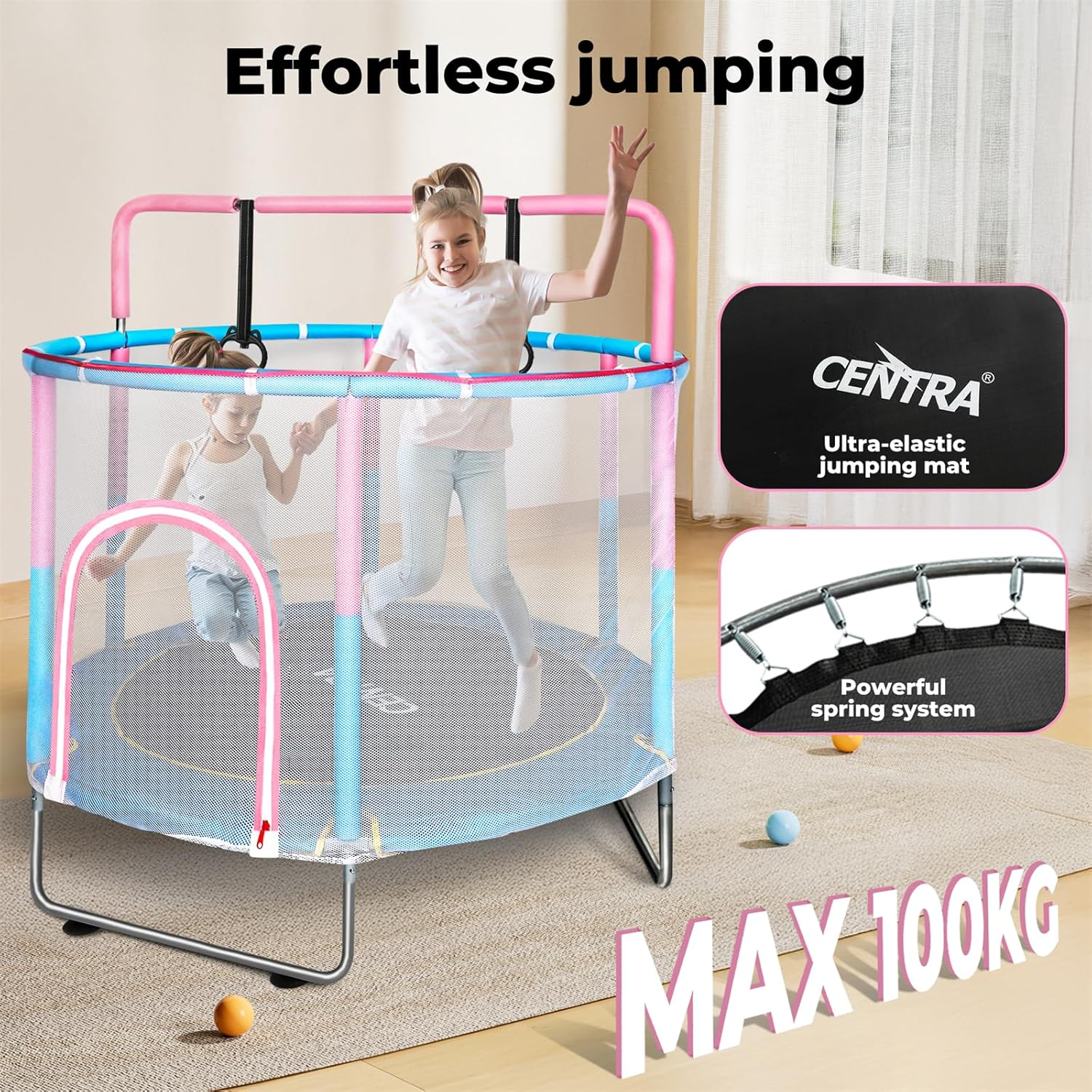 Centra 55'' Trampoline for Kids, Toddler Trampoline Indoor/Outdoor, Mini Toddler Trampoline with Enclosure Net, No-Gap Safe Design, Recreational Trampolines, Gifts for Boys and Girls, 3 Years+ image number 1