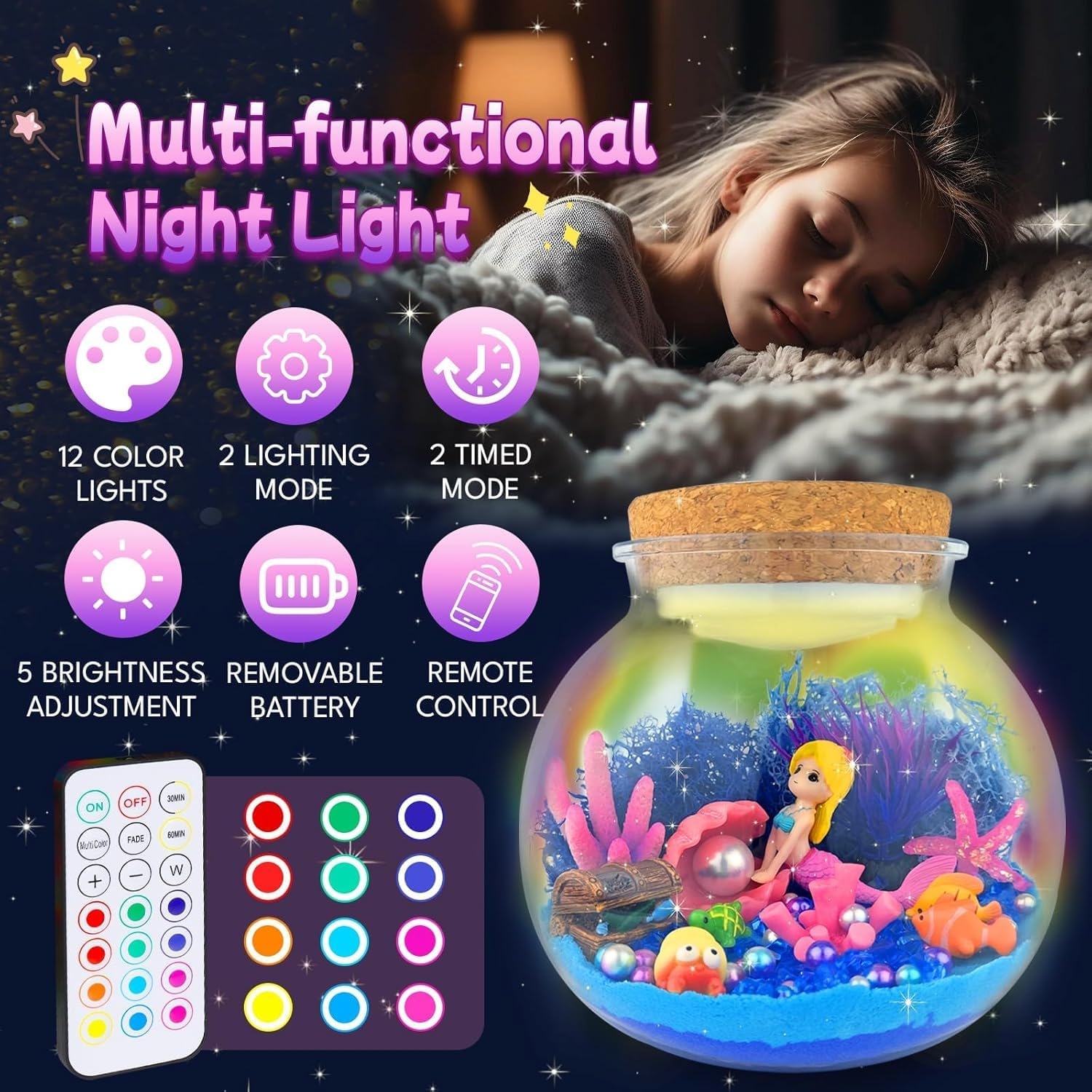 SPANKAR Mermaid Toys for Girls,Kids Light up Terrarium Kit,Led Night Light with Remote,Diy Science Kit,Crafts for Girls 4-6-8-10-12,Best Easter Birthday Gifts Decorations for Kids Age 3-10 Year Old image number 2