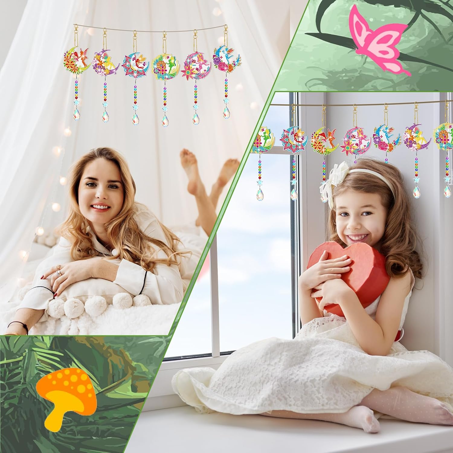 Tradder 6 Pcs Diamond Painting Wind Chimes Spring Diamond Painting Kit Double Sided Elf Ornaments with Crystal Pendant 5D Diamond Art for Spring Home Garden Hanging Ornament