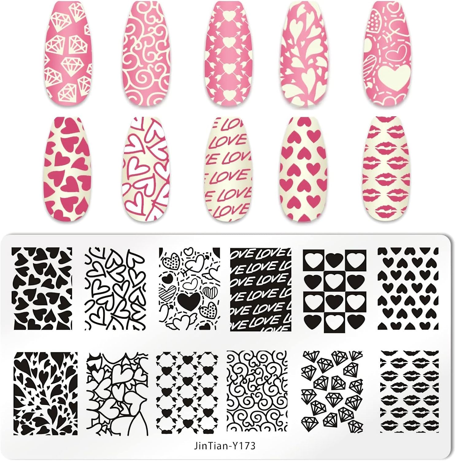 6PCS Valentine Nail Stamping Plates Kit with 1PCS Stamper & Scraper, Heart Nail Art Stamp Templates with Heart Lips Diamond Love Design for DIY Valentine'S Day Nail Decoration image number 2