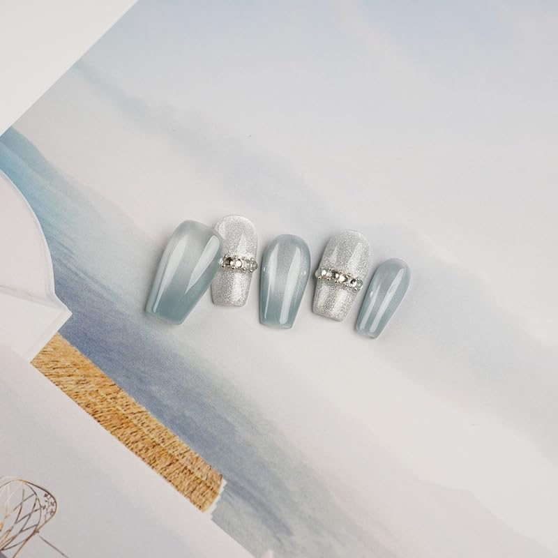 [GLORS] Purly Handmade Medium Ballerina Press on Nails | Blue False Nails with Rhinestones, 10 Pieces (XS, MB) image number 6