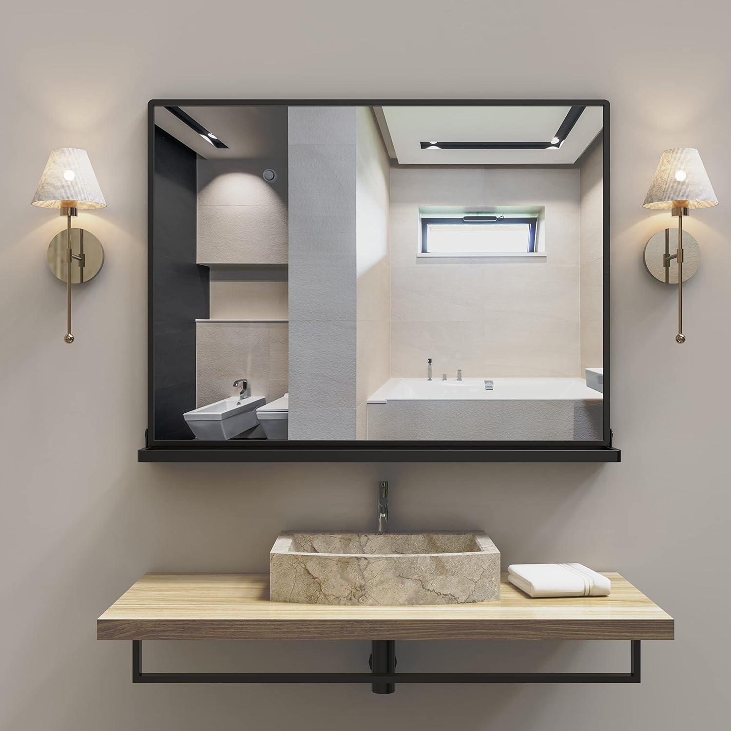ANYHI Black Bathroom Wall Mirror with Shelf, 80X60 Cm Metal Frame Rectangle Bathroom Mirror for Wall, Perfect for Living Room, Bedroom, Entryway, Horizontal image number 5