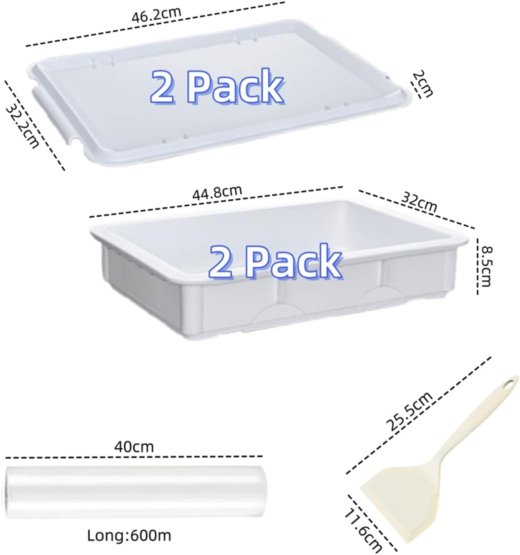 2 Pack Pizza Dough Proofing Box with Cover, Rectangle Homemade Bread Tray with Silicone Spatula, Stackable Pizza Dough Container, White, 17.6 X 12.6Inch
