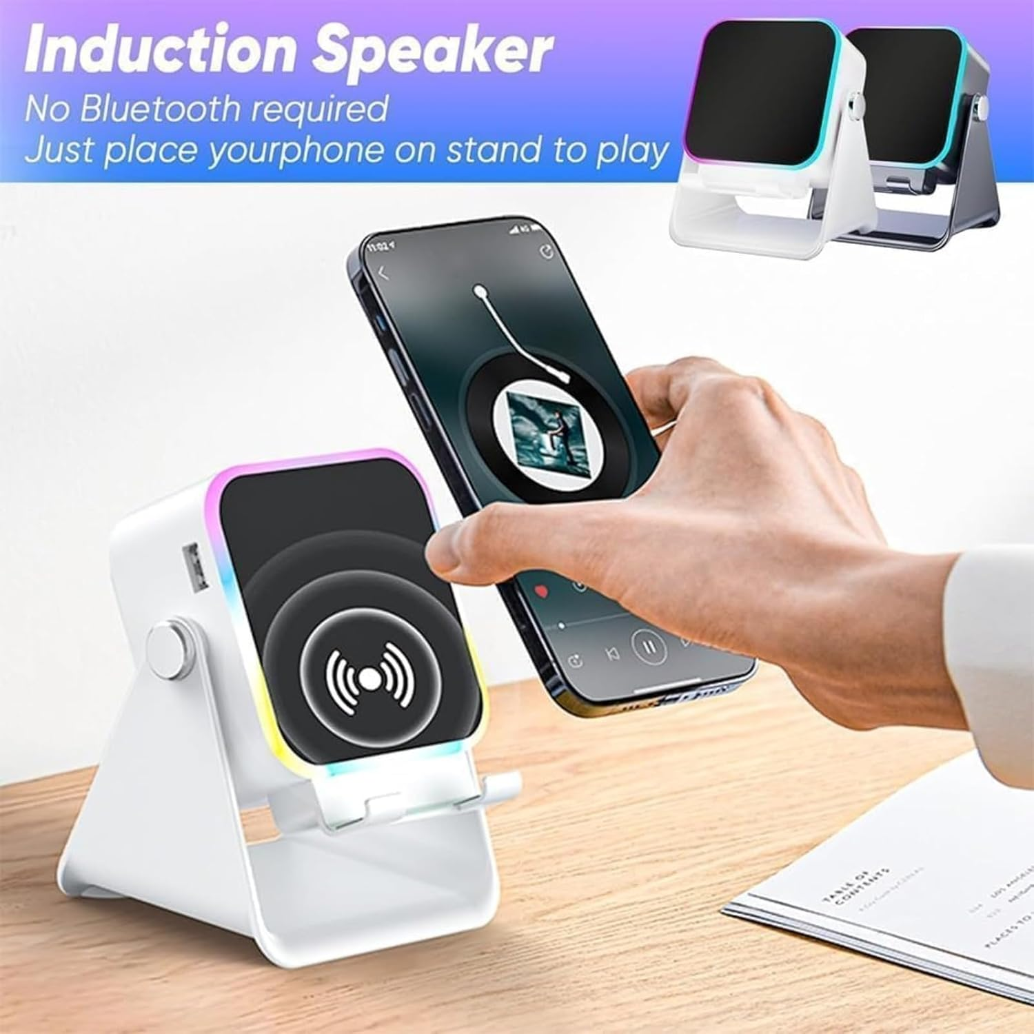 5-In-1 Wireless Induction Bluetooth Speaker with Adjustable Phone Stand, Wireless Induction Audio Speaker Stand, 360&deg; Rotating Design, USB Rechargeable for Smartphones (Black) image number 4
