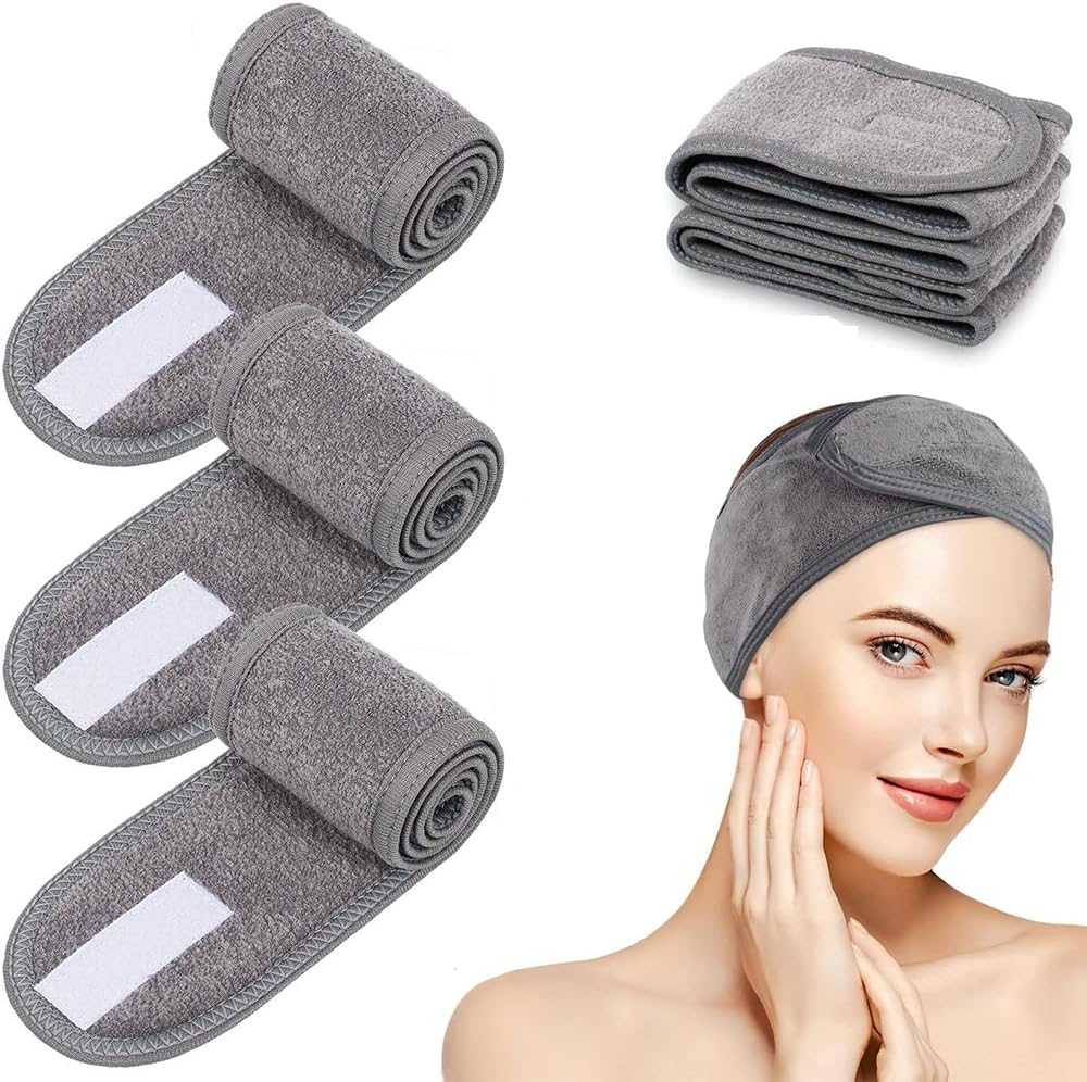 3 Pack Spa Facial Headband Makeup Hair Band Women Skincare Adjustable Headband for Bath, Makeup and Sport (Gray)
