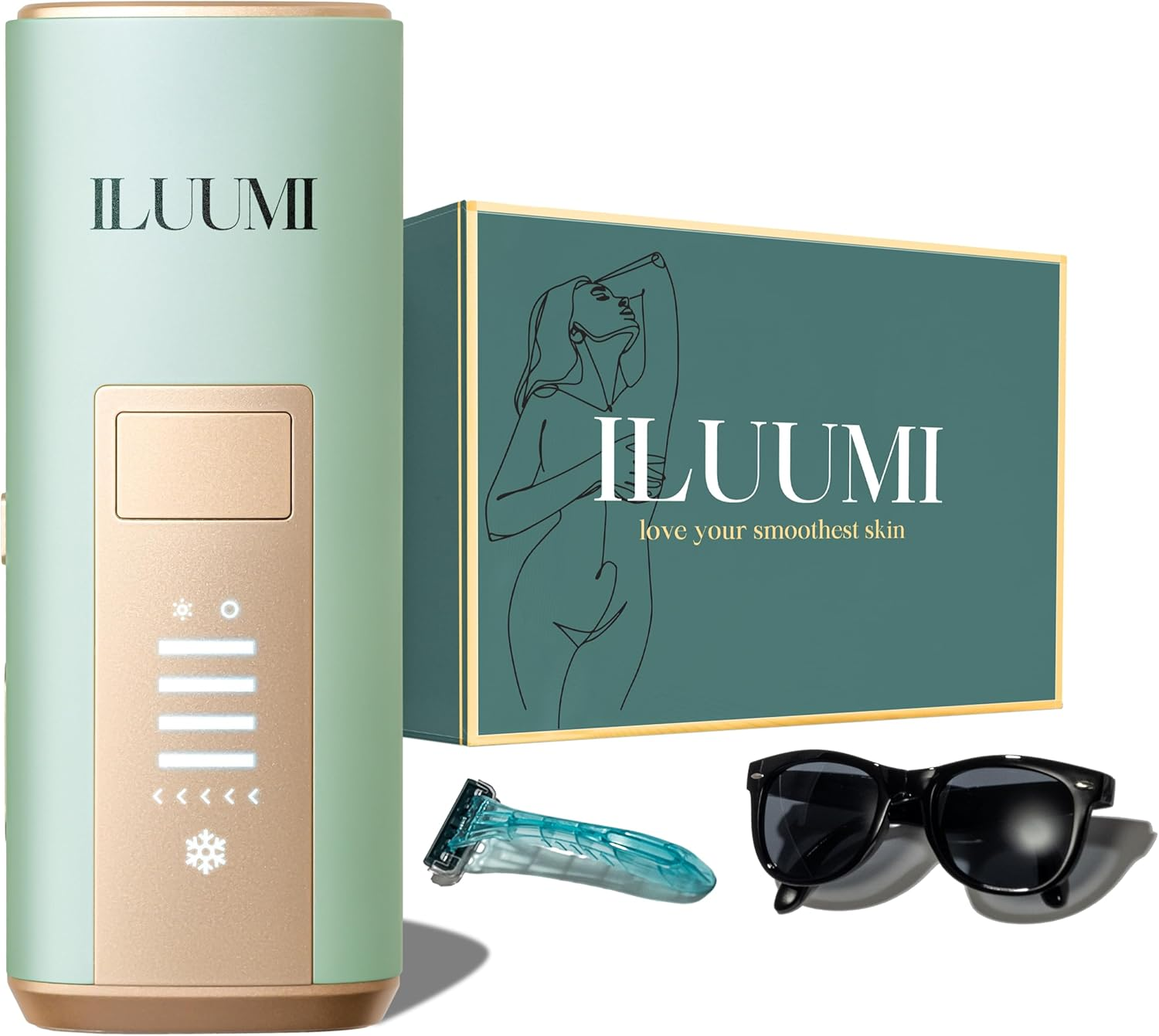 ILUUMI IPL Hair Removal Device for Face and Body, Permanent Hair Reduction for Women and Men, with 5 Intensity Levels and Ice-Cooling Technology, In-Home Use (Dark Green)
