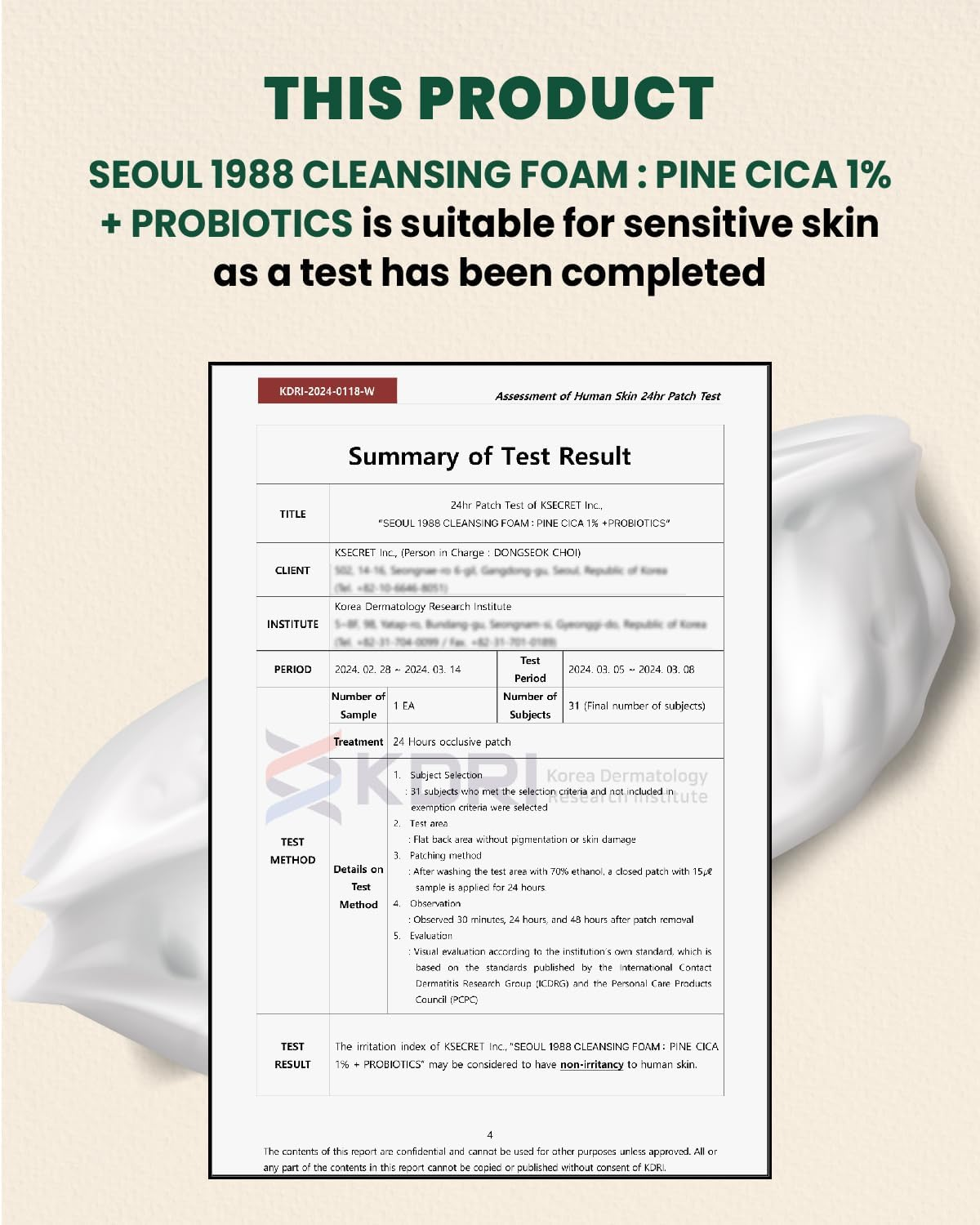 KSECRET SEOUL 1988 Cleansing Foam : Pine Cica 1% + Probiotics, 150Ml/5.07Fl.Oz. image number 1
