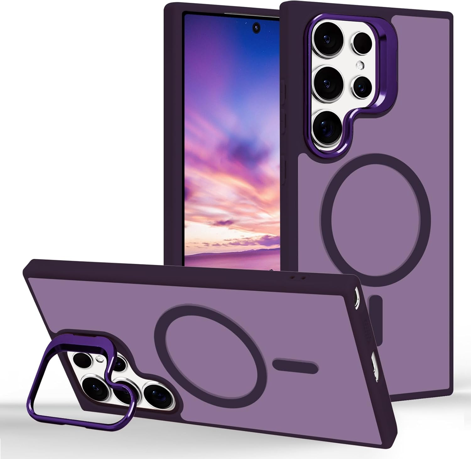 Tcaraersing for Samsung Galaxy S24 Ultra Magnetic Case with Stand [Compatible with Magsafe] Built-In Camera Ring Holder Stash Kickstand Slim Matte Frosted Cover Anti-Fingerprint, Translucent Purple image number 6