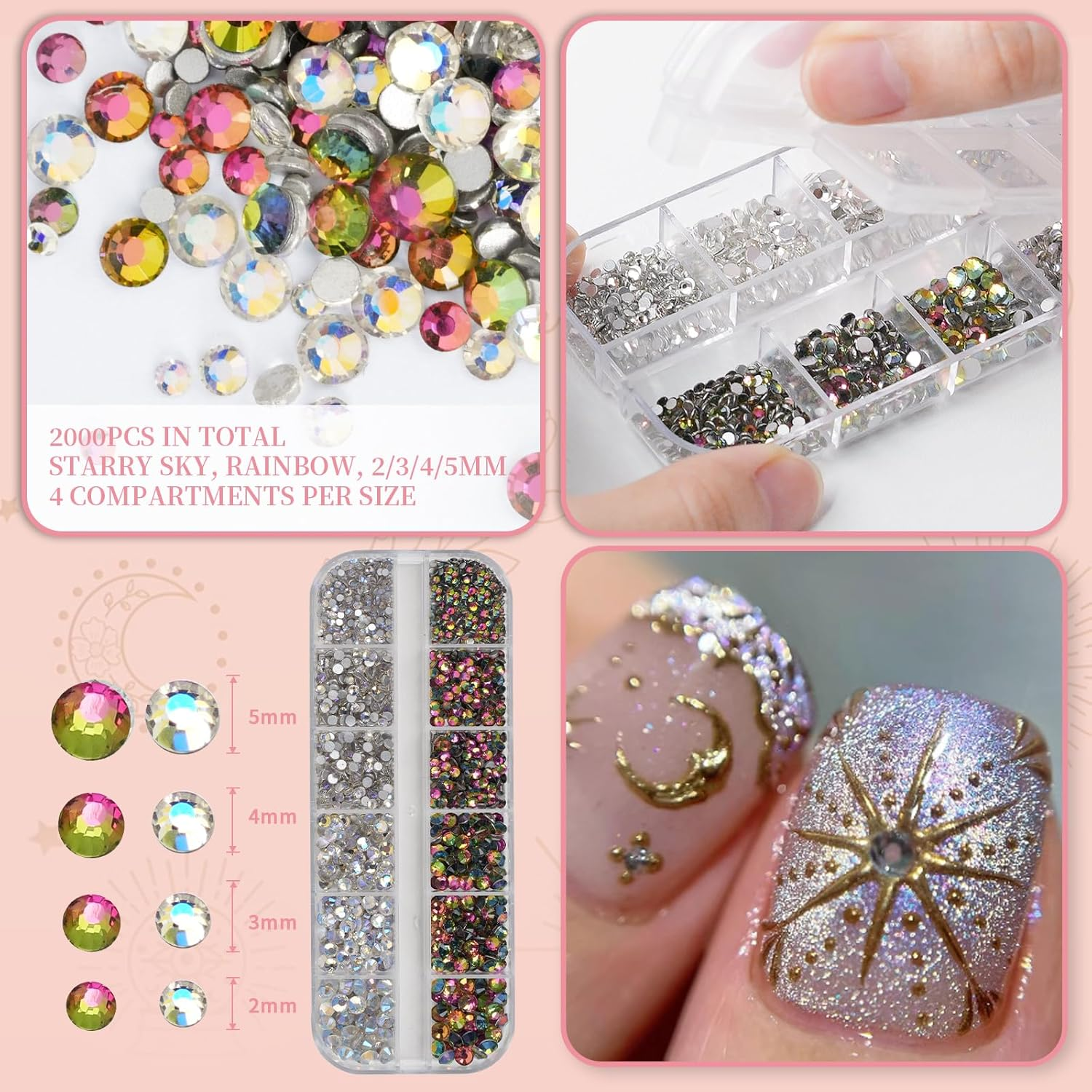 EARLMONI 6000PCS Rhinestones in 4 Sizes Nail Gems, Crystal AB Nail Art Gems with Pick up Tweezers Rhinestone Picker Dotting Pen, Acrylic Diamante Gems for Nail Art, Clothes, Face image number 3