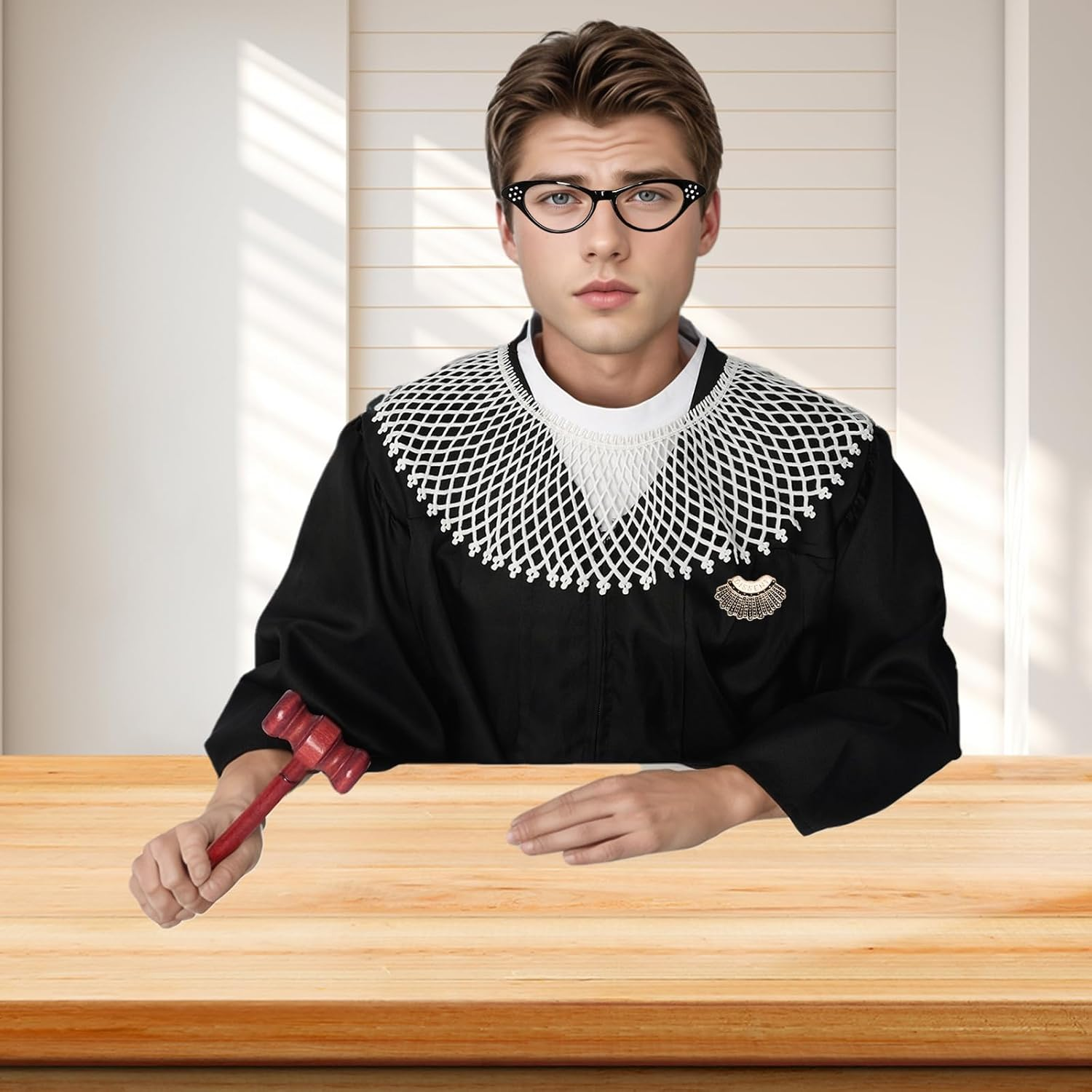 4Pcs Judge Costume Accessories Set for Women with Lace False Collar Gavel Glasses Judge Choker Pin Costume for Halloween image number 2