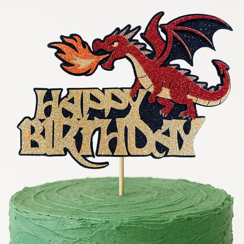 Confetti! Multilayer Glitter Dragon Cake Topper &ndash; Red, Gold & Black Fire-Breathing Decoration | Handmade 7"X5" Fantasy Party Pick for Kids Birthday & Baby Shower