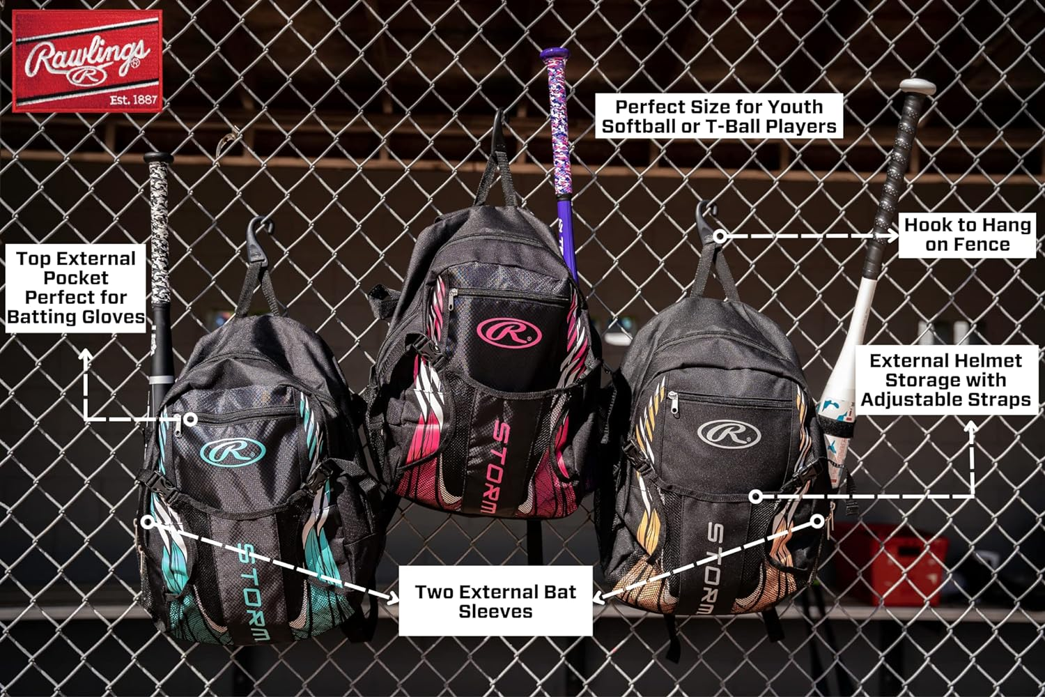Rawlings Storm Girls Youth Softball Bat Bag- Backpack for T-Ball & Softball Equipment & Gear for Youth and Adults - Mint image number 6