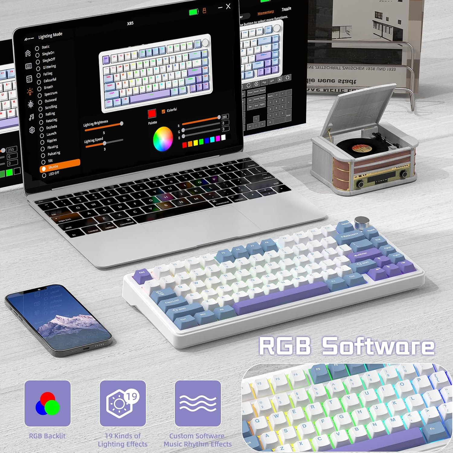 ATTACK SHARK X85 Gasket Mechanical Keyboard with Knob,75% Tri-Mode(Bt5.0/2.4G/Usb-C) Wireless Gaming Keyboard &Five-Layer Padding, Rgb,5000Mah,Hot-Swappable, PBT Keycaps for Win/Mac(Blue White) image number 3