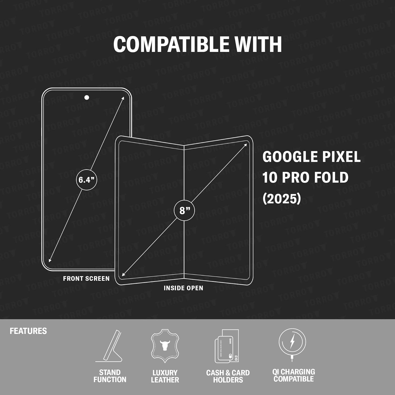 TORRO Phone Case Compatible with Google Pixel 10 Pro Fold 8&rdquo; 2025 &ndash; Premium Leather Wallet Case with Stand Function and Card Slots (Black) image number 6