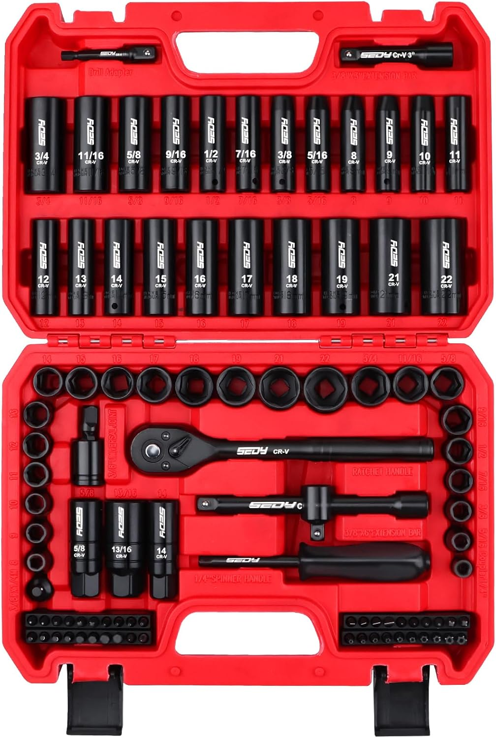 SEDY 96-Piece 3/8" Drive Impact Socket Wrench and Bit Set &ndash; Metric & SAE, CR-V Steel, Spark Plug Sockets, Ratchet & Spinner Handle, Storage Case image number 1