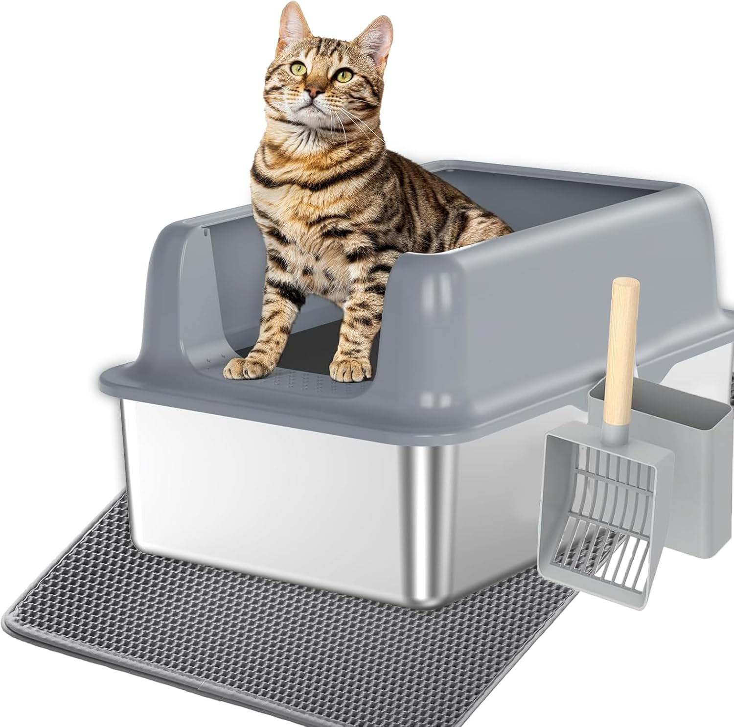 KELIOO Cat Litter Box, Extra Large Stainless Steel Litter Box with Cat Mat and Scoop, Metal Kitty Litter Boxes High Sided, Non-Sticky, Anti-Urine Leakage, Easy Cleaning image number 3