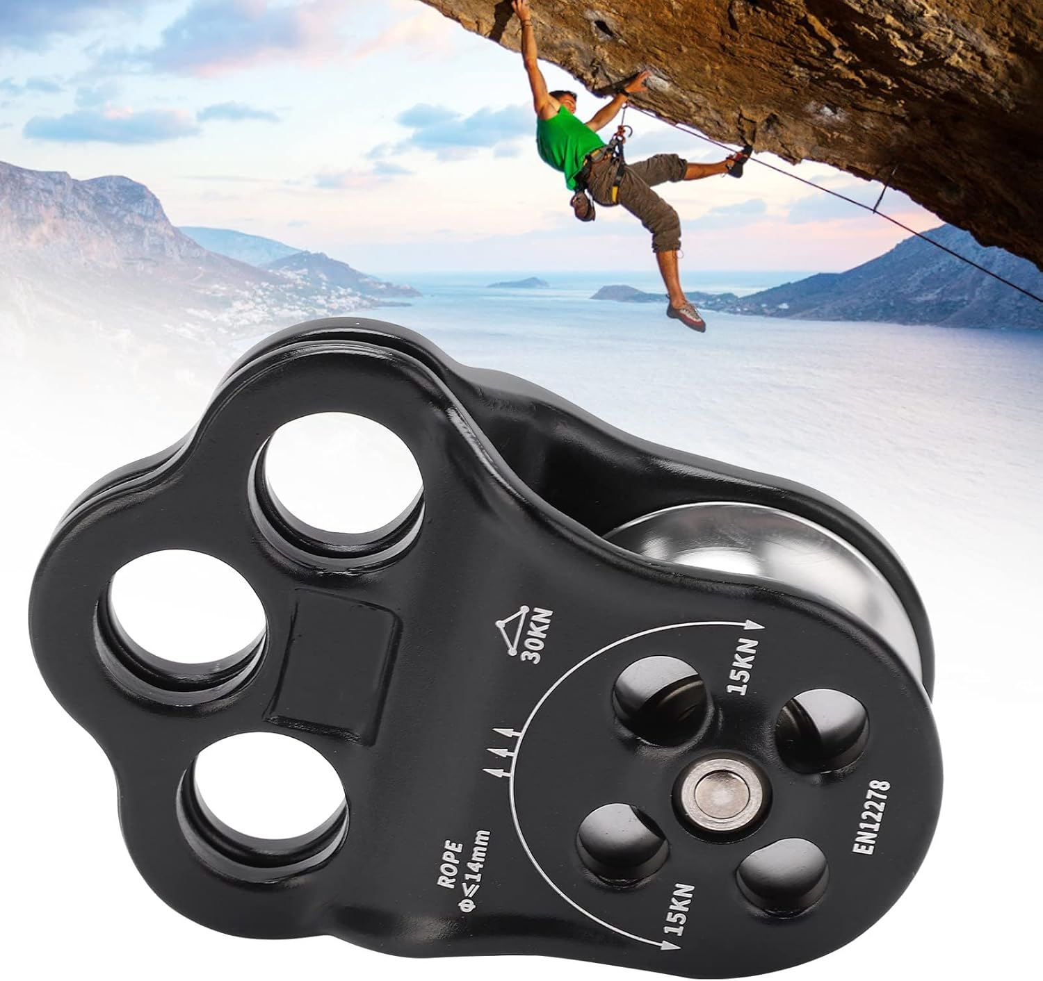 30KN Climber Pulley with Anodized Coloring for Arborist Tree Climbing, Rigging, Hauling & Mountaineering, Sturdy Black Pulley for Expansion