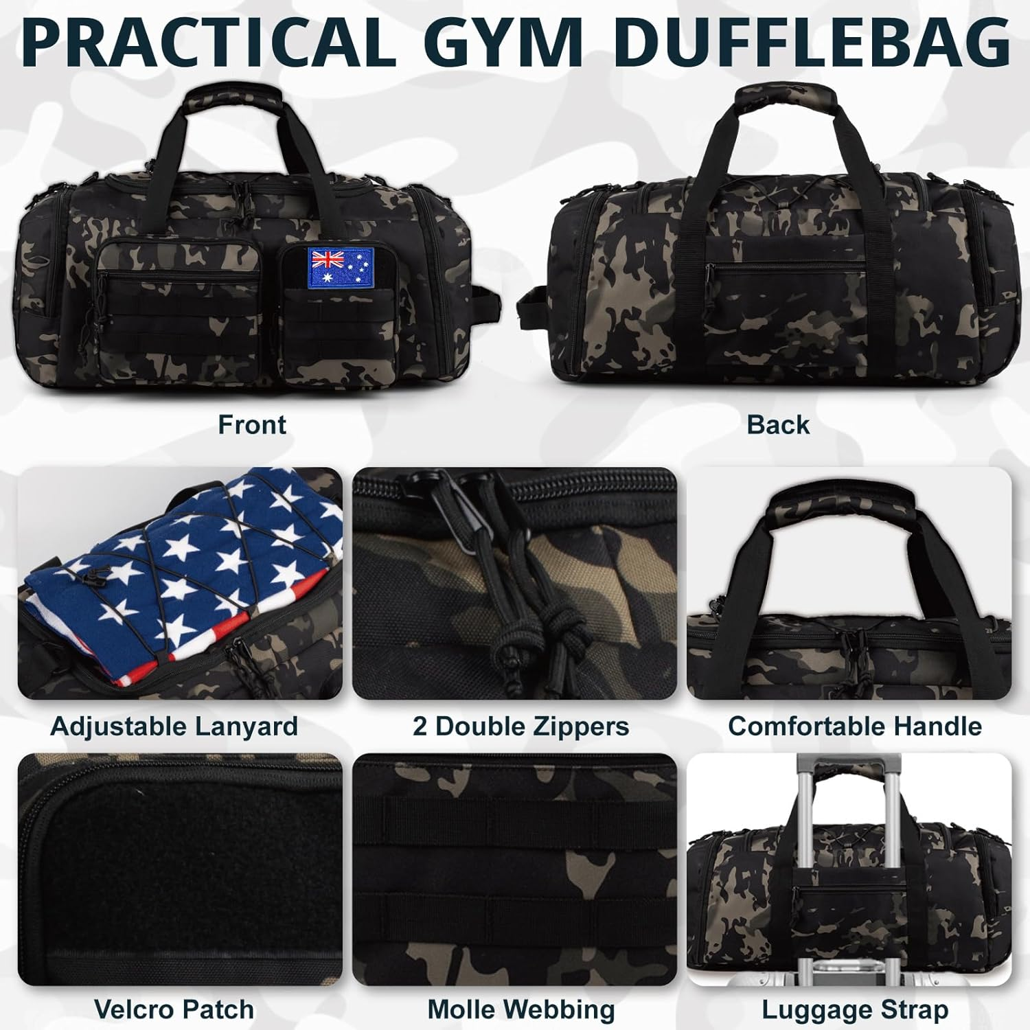 Tactical Gym Bag for Men，50L Large 3 in 1 Sports Duffle Bag with Shoes Compartment for Travel,Water Resistant Travel Backpack Weekender Overnight Bag with Wet Pocket for Women image number 2