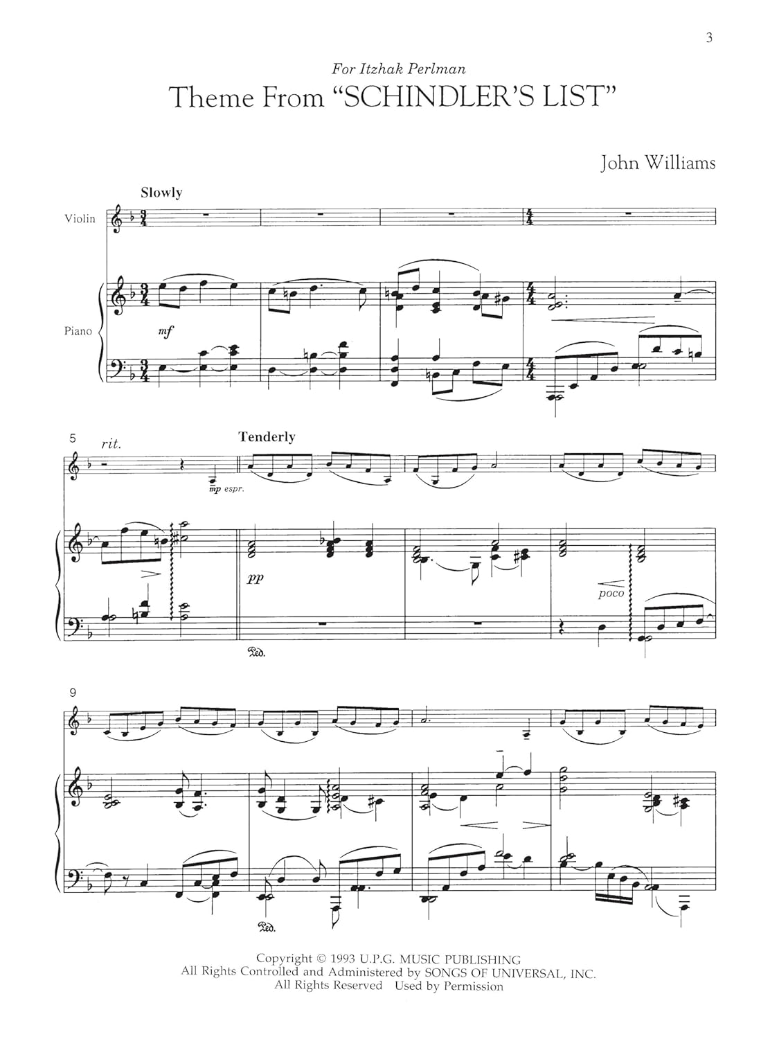 3 Pieces from Schindler'S List: for Violin and Piano