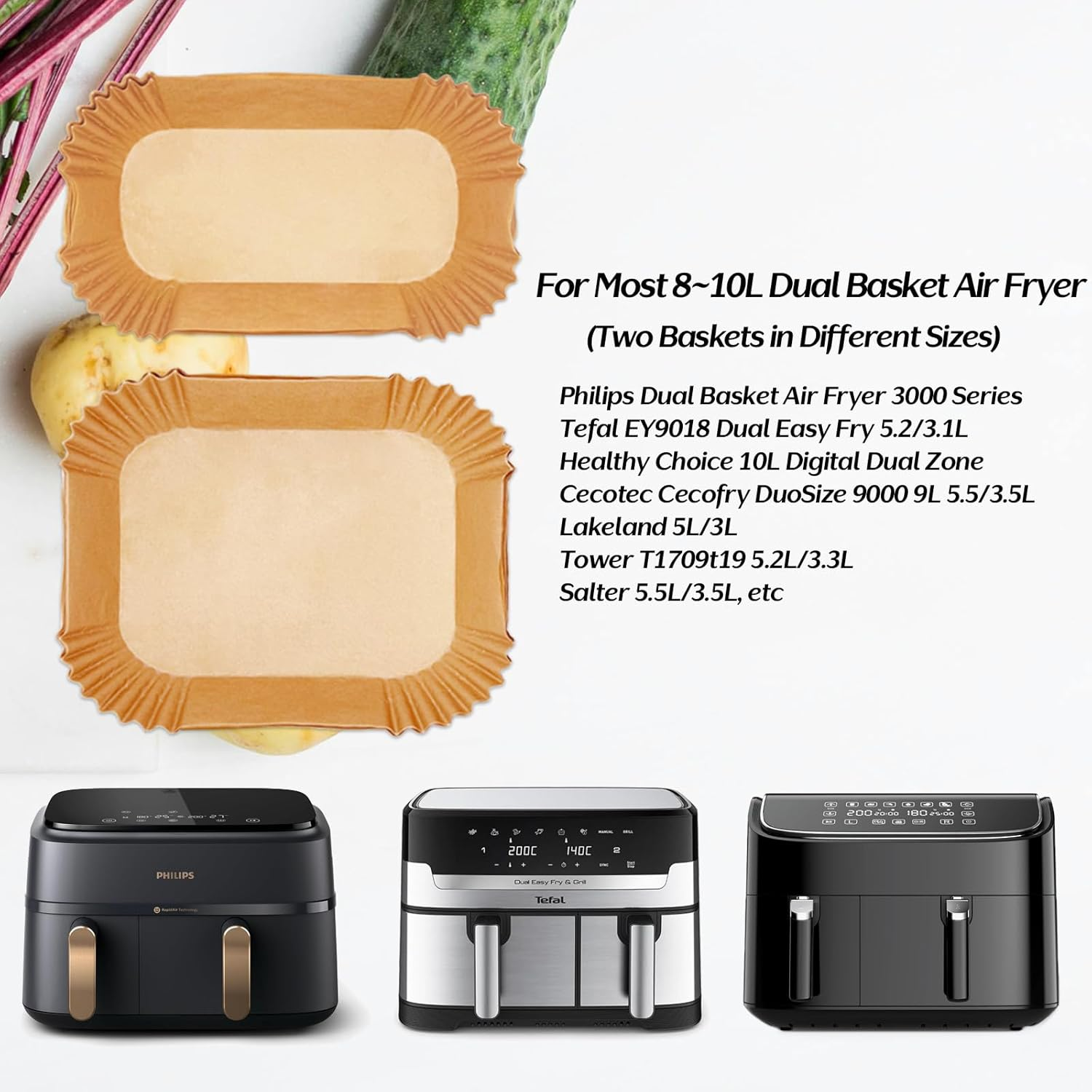 Marakruki Air Fryer Paper Liners for Philips Dual Basket Air Fryer, 50+50 Pcs Paper Liners for Philips Air Fryer 3000 Series, Air Fryer Accessories for Large & Small 2 Drawers