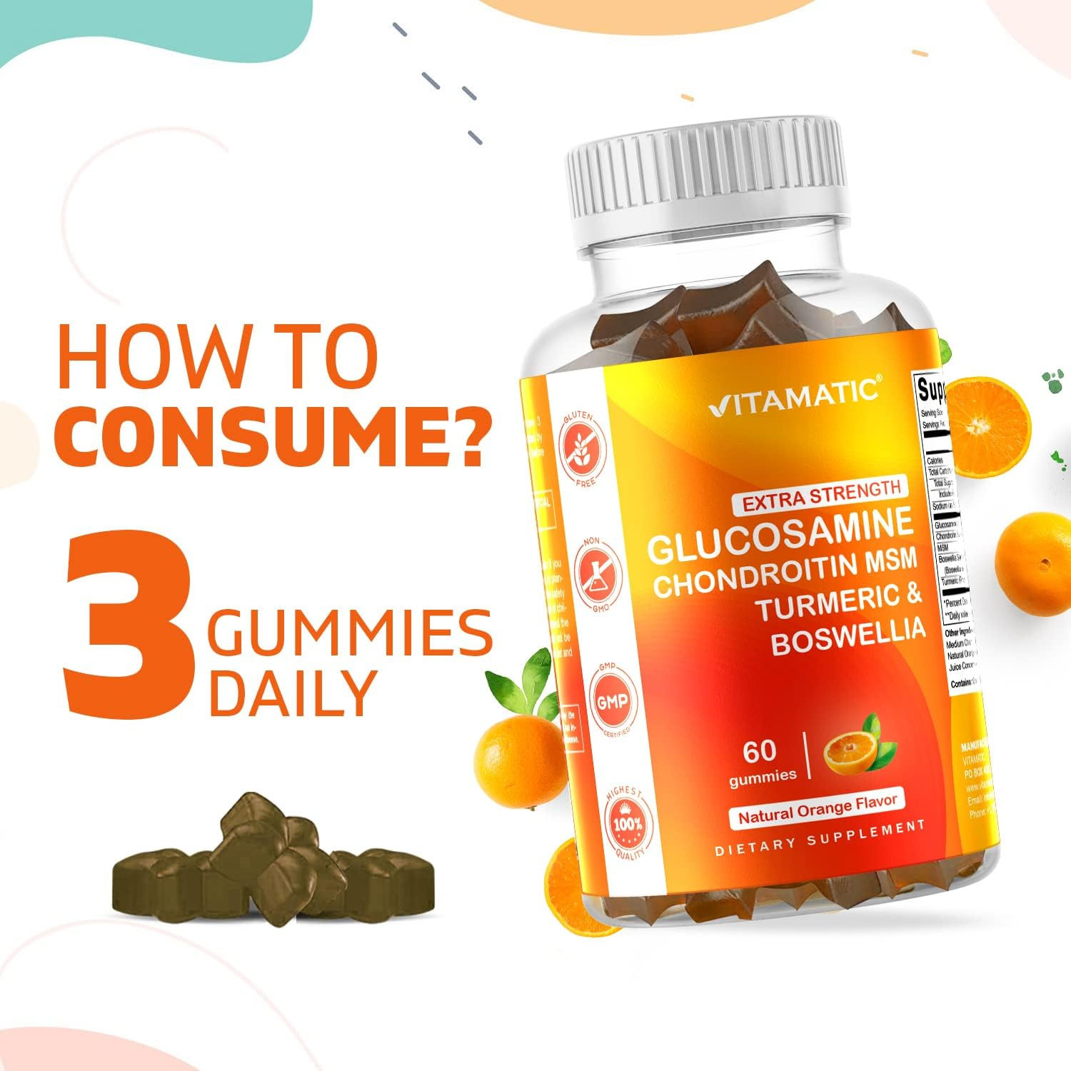 Vitamatic Extra Strength Glucosamine Chondroitin Gummies with MSM, Turmeric, & Boswellia - Joint Support - 60 Pectin Based Gummies image number 2
