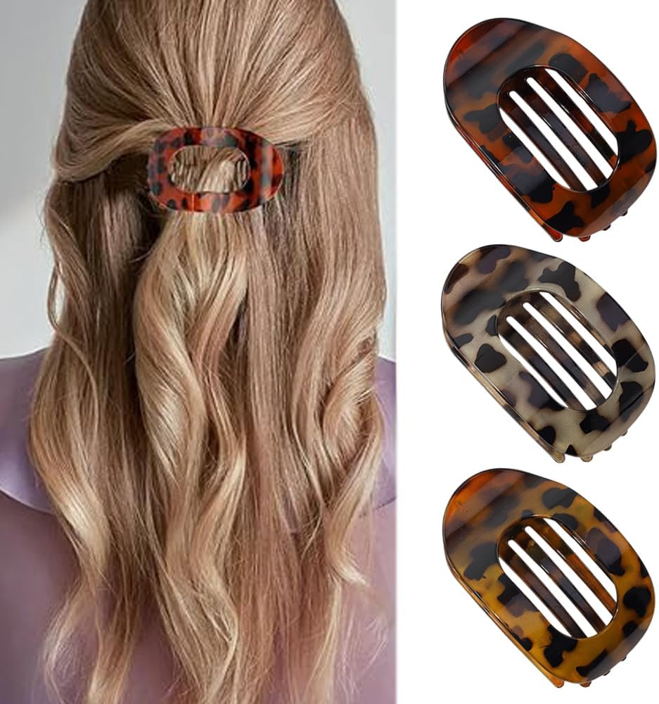 3 PCS Flat Hair Clips for Women, French Curved Design Hair Claw Clips for Thin Thick Hair, Strong Hold No Slip Flat round Clips Hair Barrettes, Leopard Print