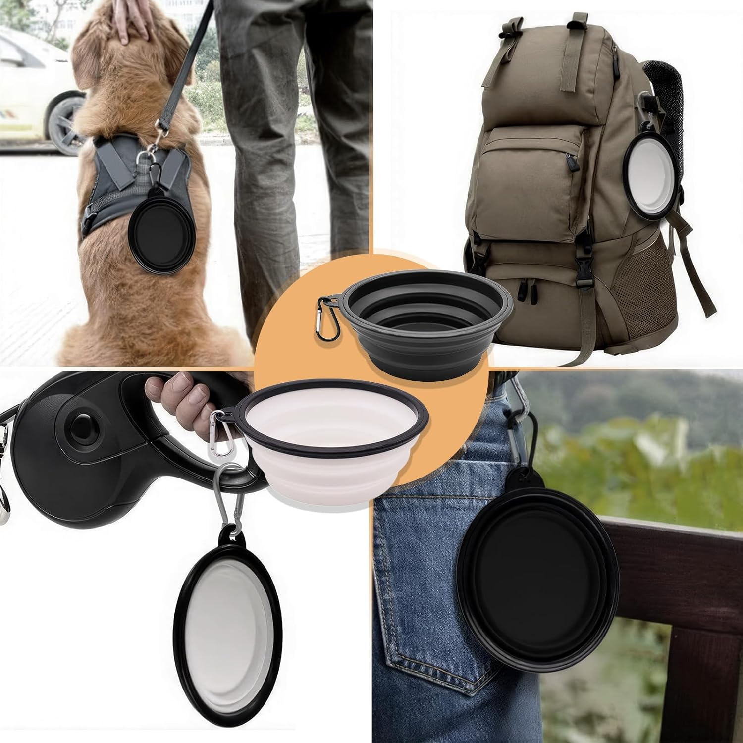 ZXCHOME Pack of 2 Dog Bowls, Foldable Travel Bowl, Leak-Proof Dog Bowl with Mountaineering Carabiner for Cats, Dogs and Pets for Water and Food (350 Ml, Black and White) image number 2