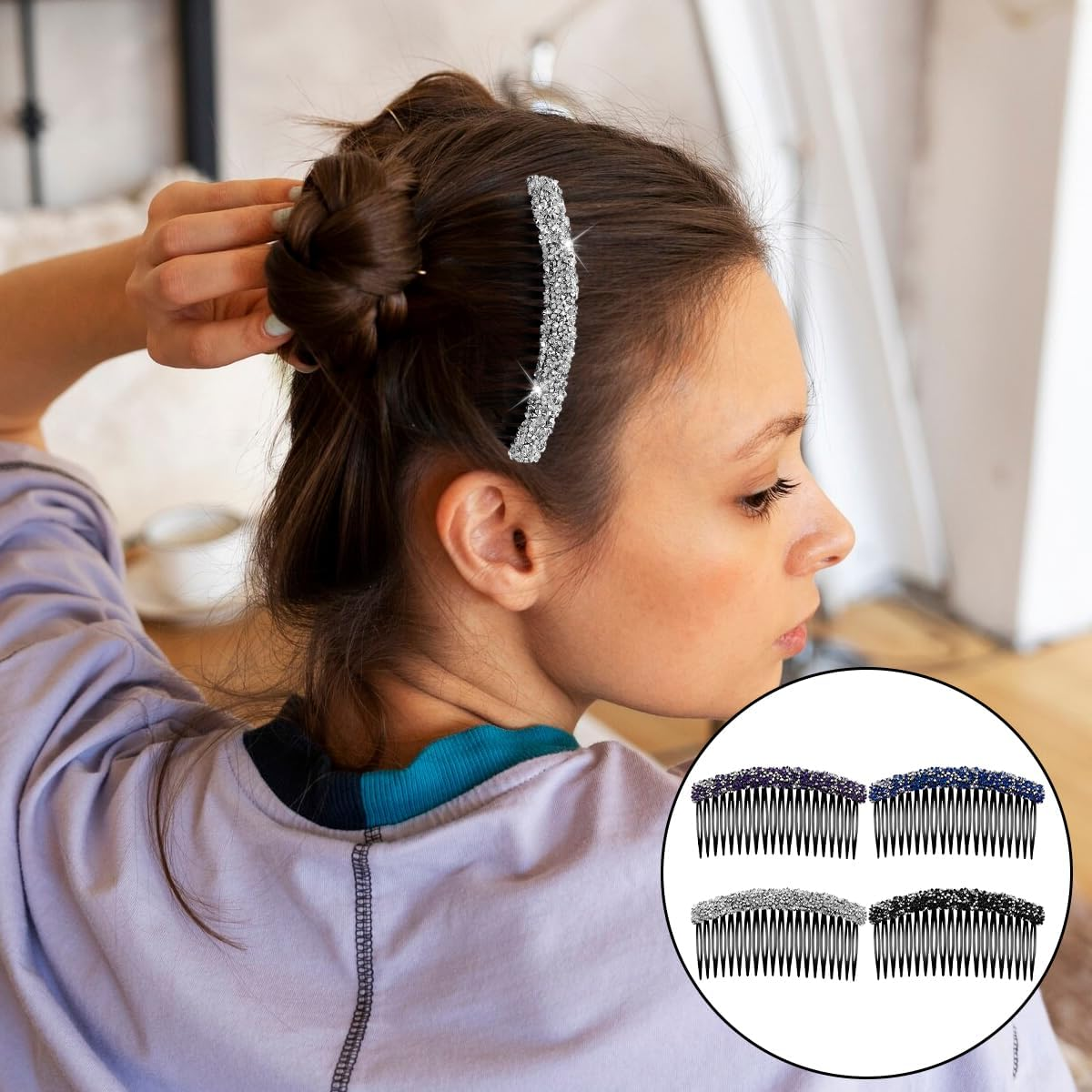 NILLOS Rhinestone Hair Side Combs, 4 PCS Plastic Claw Rhinestone Hair Accessories for Women, Girls (White, Black, Blue, Purple) image number 5