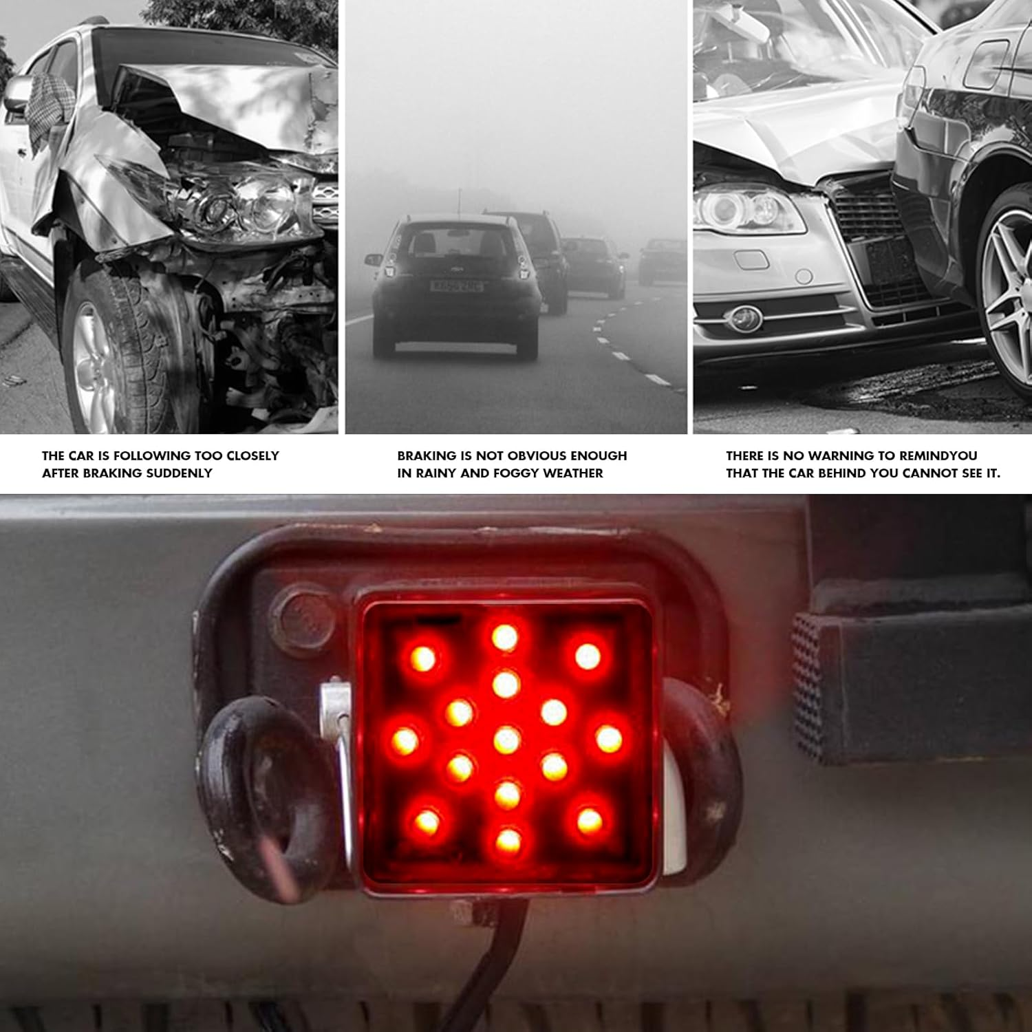 UGSHY 1 PC Trailer Hitch Lights with 15 Leds, 3.2In Super Bright Square Waterproof Vehicle Tail Light Replacement, Universal Durable Automotive Brake Light Accessories for Truck SUV RV (Black) - Red image number 2