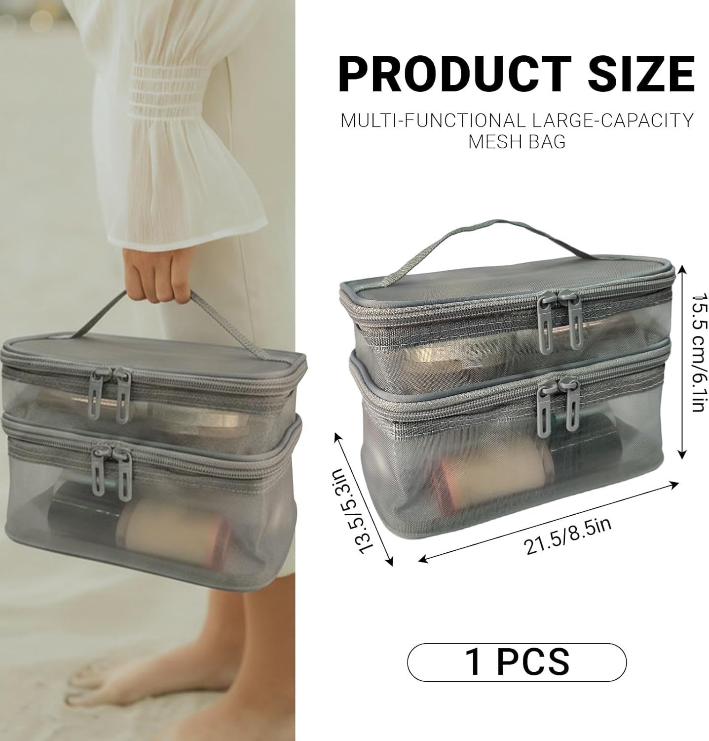 Double Layer Makeup Bag, Mesh Cosmetic Bag with Handle, Double Zipper Beauty Make up Bag, 2 Compartment Toiletries Storage Bag, Portable Travel Cosmetic Case Organizer for Women Girls, Gray image number 5