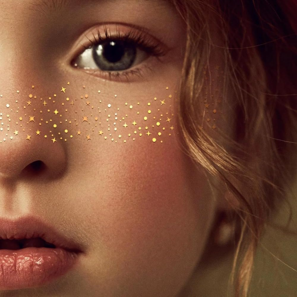 Poemtian 10Pcs Glitter Freckles Face Tattoo, Gold Star & Dot Freckles for All Ages