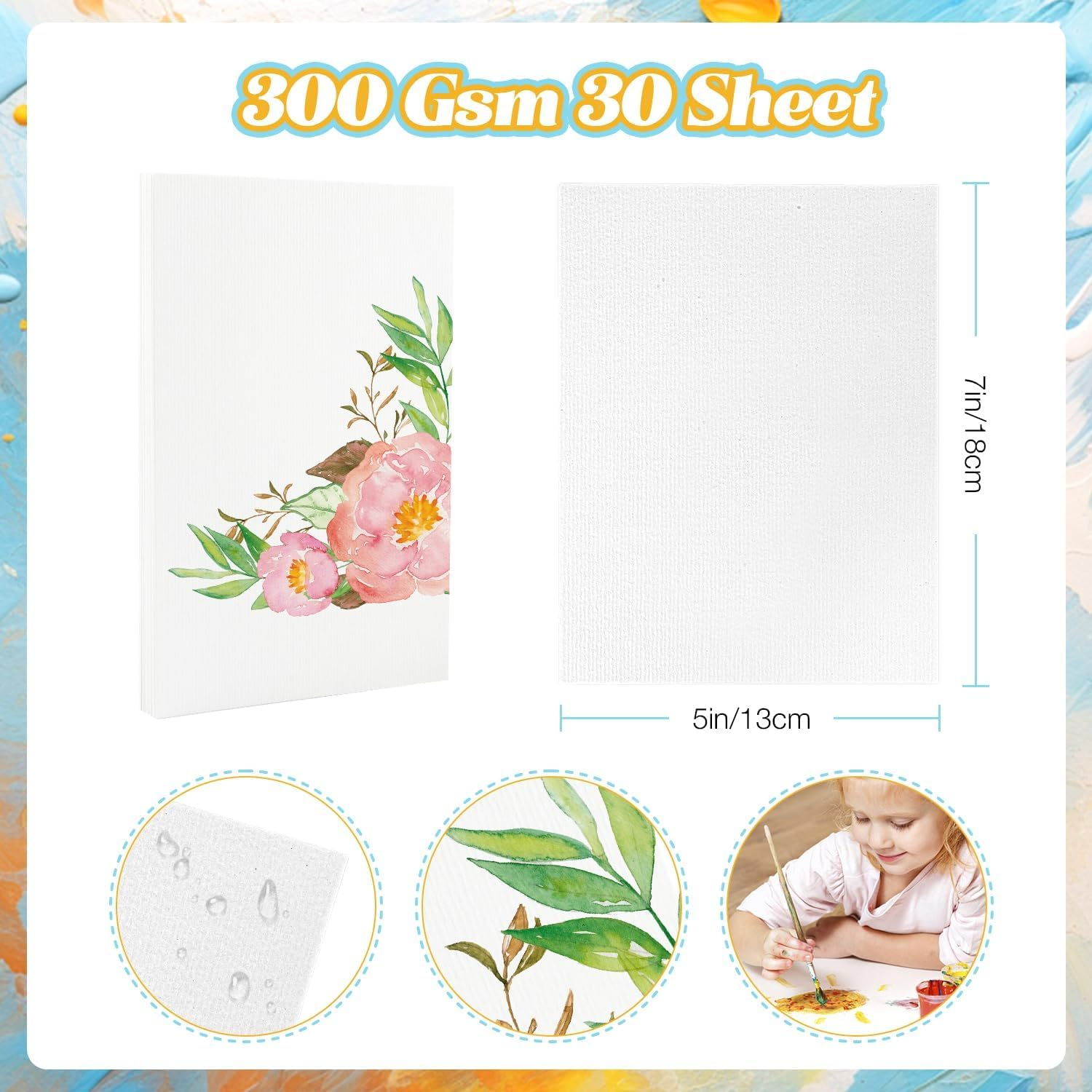 Watercolor Paper Watercolour Papers 5"X7" 140Lb/300Gsm 30 Sheets Water Colour Papers Watercolour Paper Pad Papier Aquarelle Paint Paper Art Mixed Media Paper Painting Papers Watercolor Postcards image number 1