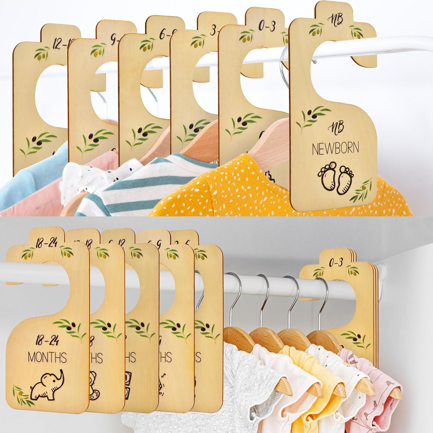 8Pcs Wooden Baby Newborn Closet Dividers,Baby Toddler Cloth Sorting Tags,Double-Sided Baby Clothes Organizer from Newborn to 24 Month,Nursery Infant Wardrobe Divider Gift, for Newborn Baby Shower